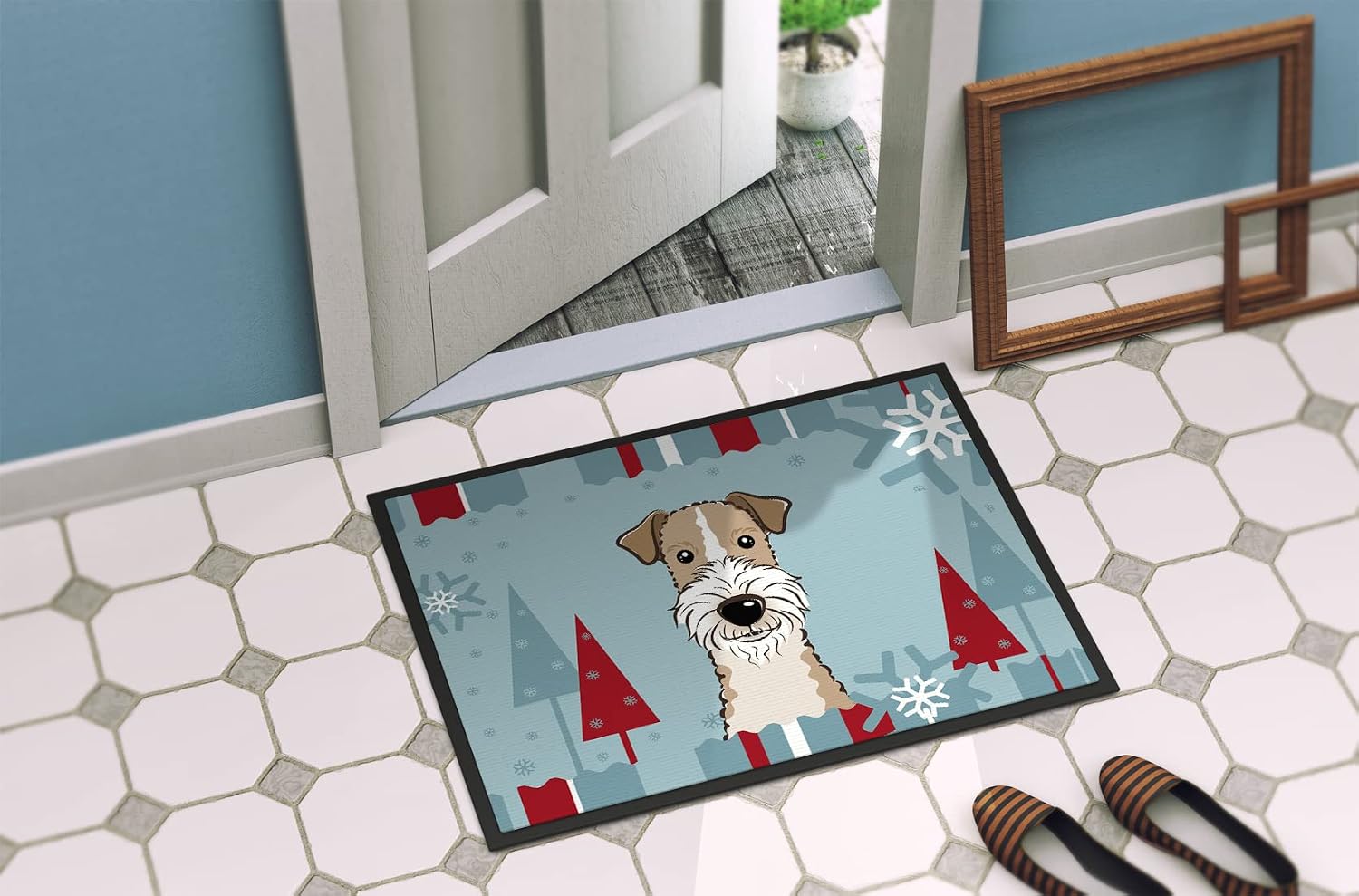 Caroline's Treasures BB1743JMAT Winter Holiday Wire Haired Fox Terrier Doormat 24x36 Front Door Mat Indoor Outdoor Rugs for Entryway, Non Slip Washable Low Pile, 24H X 36W