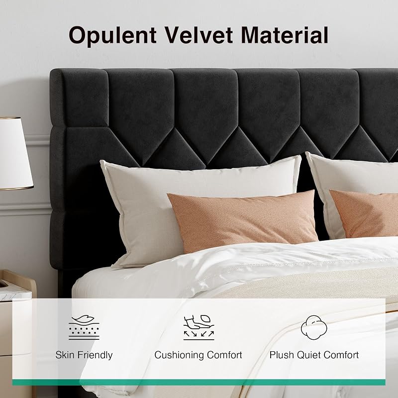 Novilla King Size Bed Frame, King Bed Frame and Headboard, Velvet Upholstered Pull-Point Bed Frames, No Box Spring Needed, Metal Support Heavy Duty Feet, Easy Assembly, Black Velvet image 4