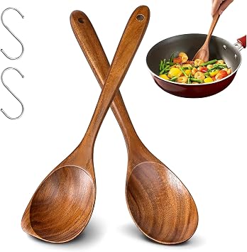 2Pcs Wooden Spoons for Cooking - Heat Resistant Wooden Utensils, Natural Teak Wood Corner Spoon and Round Spoon, Good Grip Wooden Spatula Non Stick Kitchen Utensil