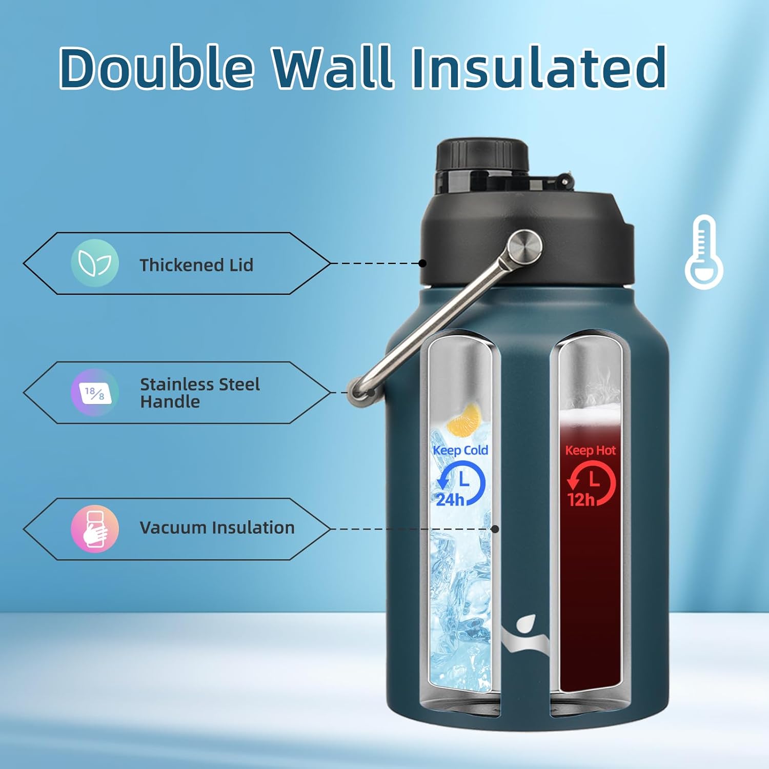 Half Gallon Jug with Handle,64 oz Insulated Water Bottle with Carrying Pouch,Double Wall Vacuum Stainless Steel Metal Bottle,Navy blue - Image 3
