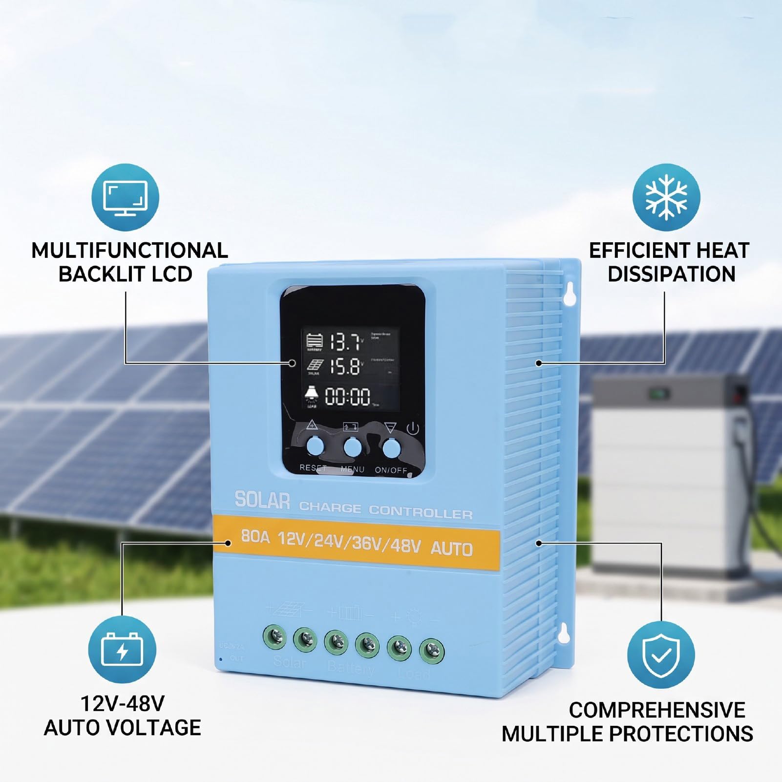 FTVOGUE Contrôleur de Charge Solaire MPPT 80A LCD Double USB 12V 48V