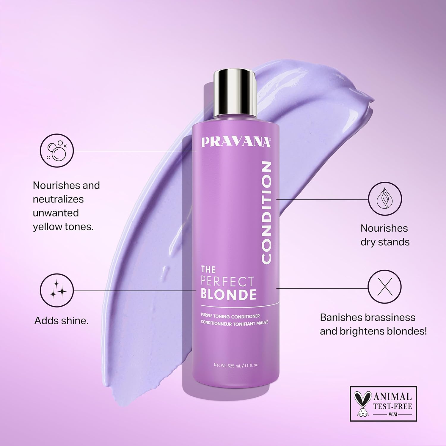 PRAVANA The Perfect Blonde Purple Toning Conditioner | Neutralizes Brassy, Yellow Tones | For Color Treated Hair | Chromasilk Enhances Shine & Protection | Vegan, Cruelty-Free | Paraben & Sulfate Free