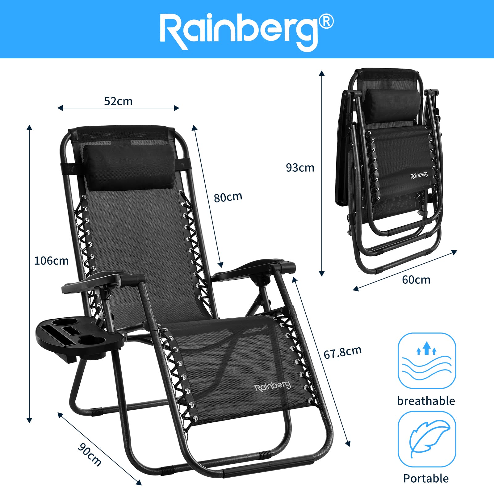 Rainberg Zero Gravity Lounger Chair, Outdoor & Garden Sunloungers, Folding Reclining Patio Chair, Cup Holder, Soft Cushion and Headrest for Poolside, Camping, Coffee (Recliner Chair) — view 2