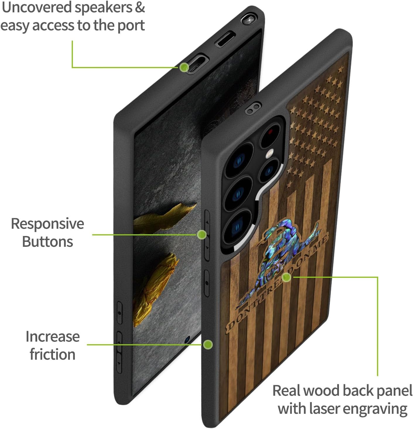 Carveit Magnetic Wooden Case for Samsung Galaxy S25 Ultra Case, Wood Artisan Engraved & Handmade Shell Inlaid, Compatible with MagSafe Wireless Chargers (Gadsden Flag Reenvisioned) Walnut