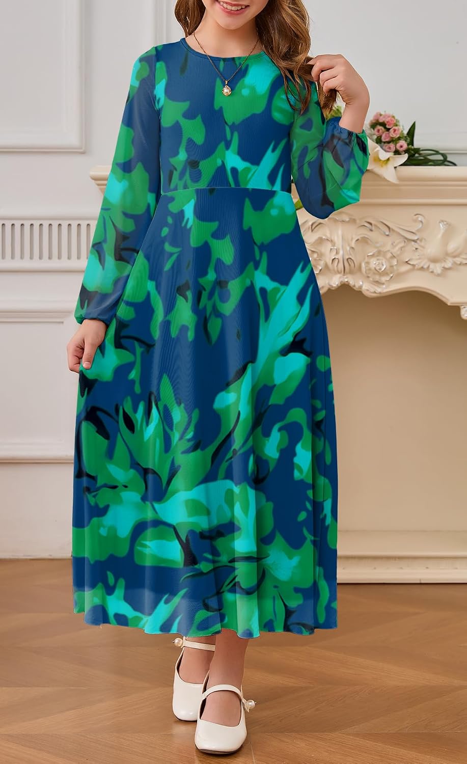 HOSIKA Girls Fall Floral Dress Puff Long Sleeve A-Line Formal Party Holiday Maxi Dress 6-13 Y