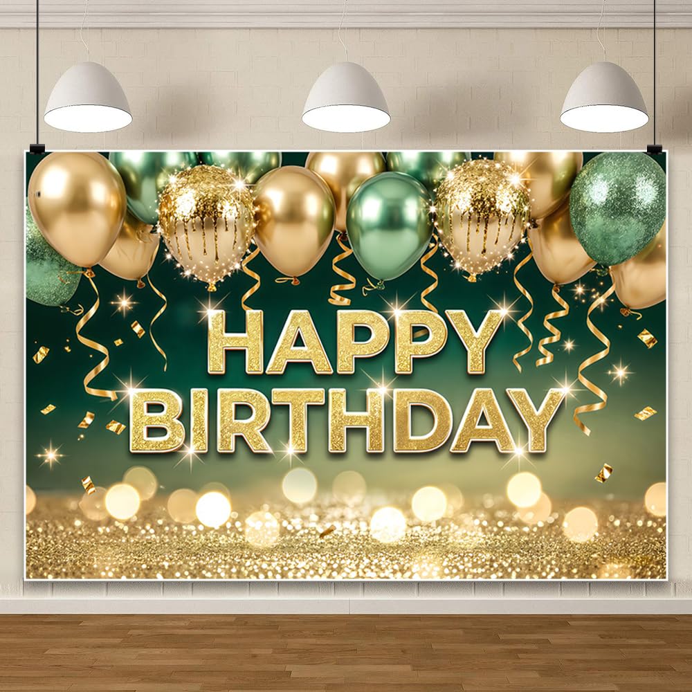 3,6x1,8 m Zielony i złoty baner w tle z okazji urodzin zielony błyszczący balon akcesoria do tła fotograficznego dla kobiet mężczyzn dzieci dekoracje na przyjęcie urodzinowe
