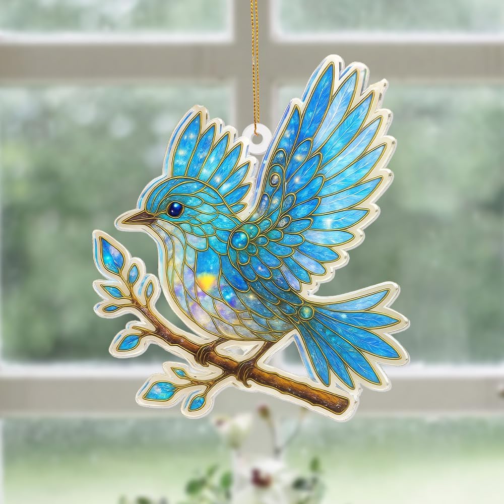 Blue Bird Stained Glass Ornament Acrylic Window Hanging Suncatcher – Bird Lover Gifts, Wildlife Animal Decor for Christmas Tree, Rearview Mirror, Garden, Home Accessories, Unique Gifts for WomenSun-17 image 2