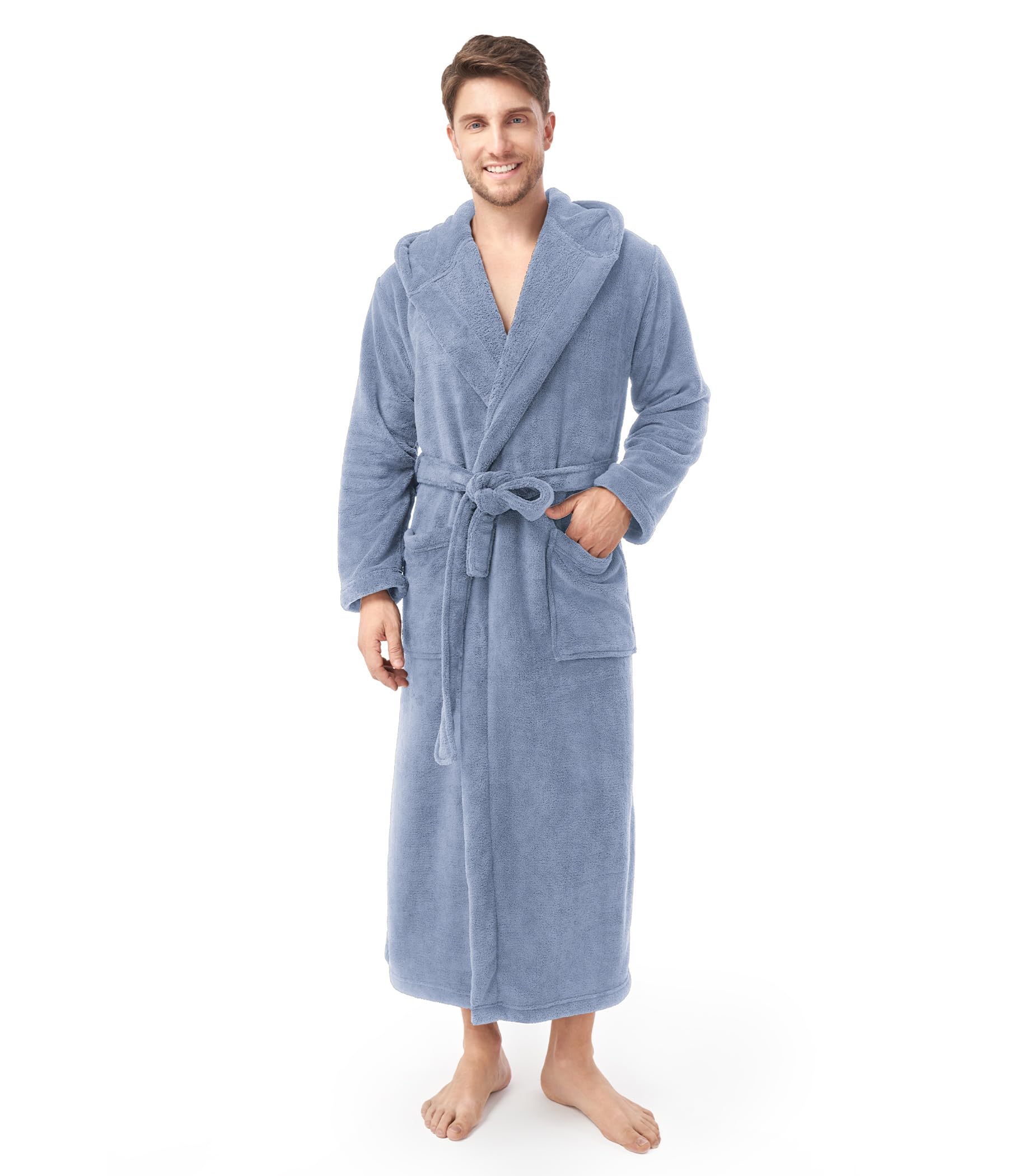 DAVID ARCHY Men's Hooded Robe Soft Coral Fleece Microfiber Bathrobe