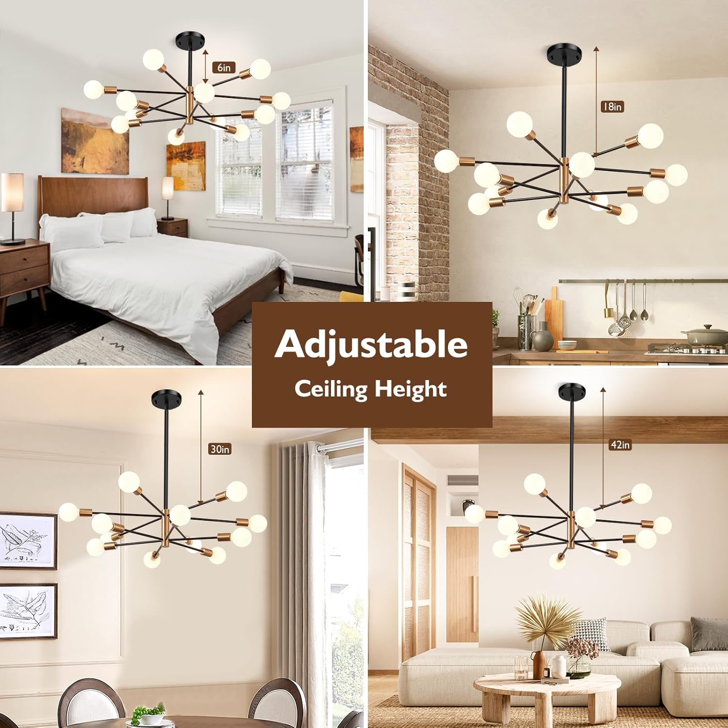 12-Light Black and Gold Sputnik Metal Chandelier