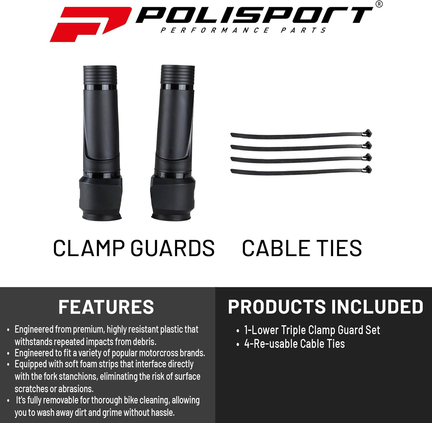 Polisport Lower Triple Clamp Guard - Durable Plastic Protection for Dirt Bike Forks, Universal Fit with Pre-Cut Lines, Foam Strips to Prevent Scratches, Easy Install in Under 1 Minute - Black