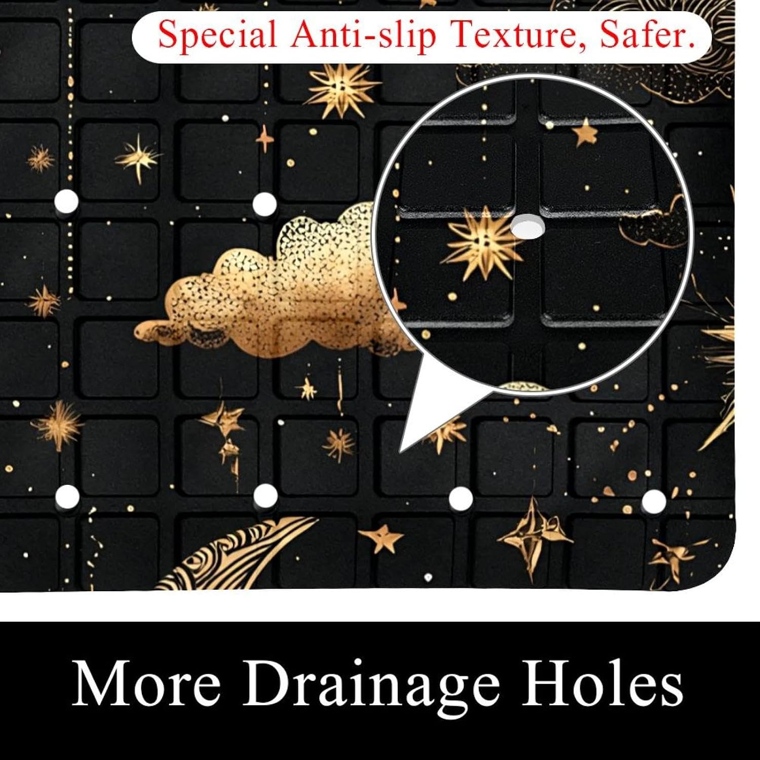 Non Slip Bath Mat for Tub, 15.1 x 26.8 Inch Bathtub Mat Machine Washable Shower Mat with Drain Holes and Suction Cups, Magic Sun Moon Clouds Stars on Dark Background