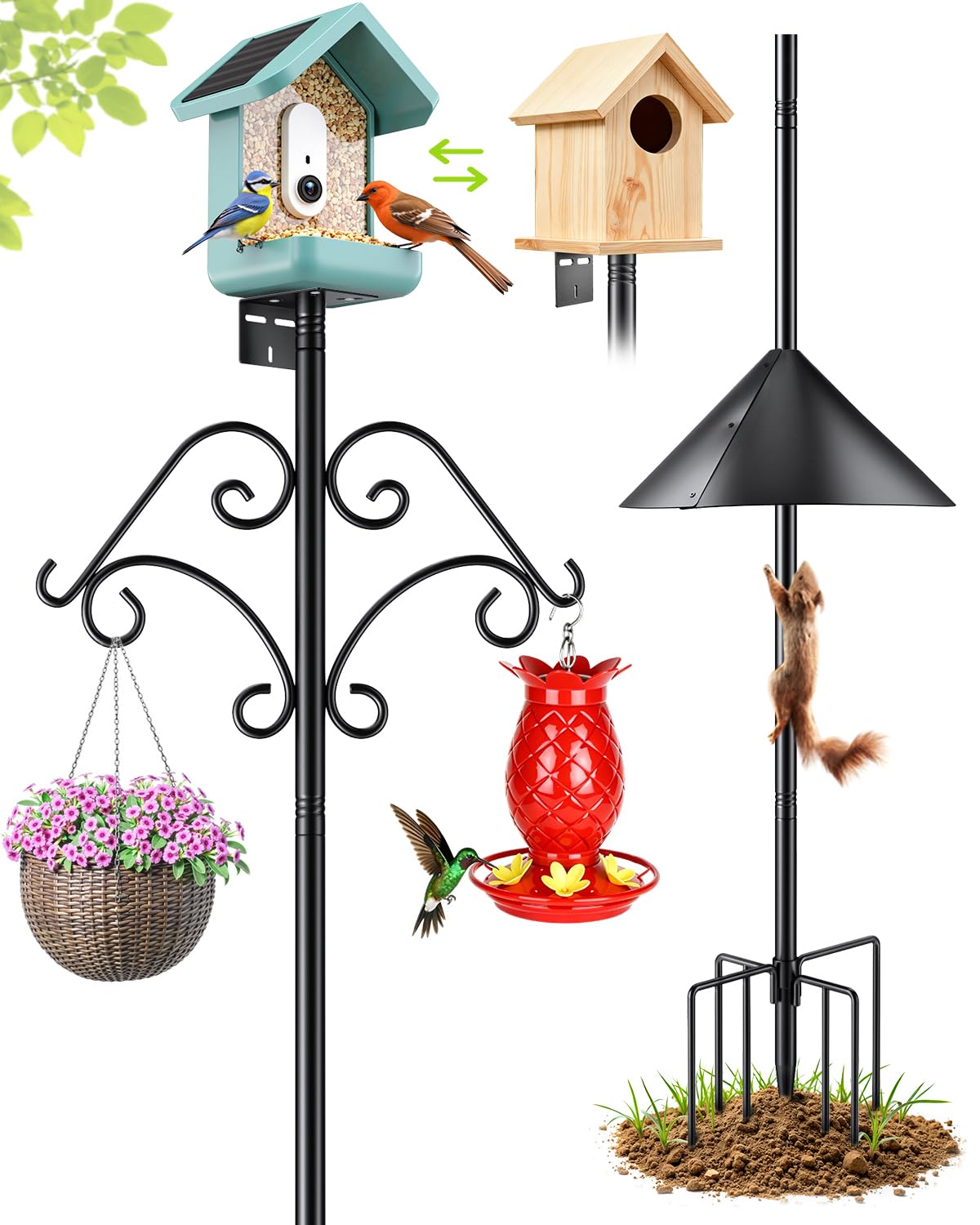Photo 1 of 92 Inch Squirrel Proof Bird Feeder Pole with Baffle, 7-Prong Base Heavy Duty Bird House Pole with Shepherd Hooks for Outdoors Adjustable Yard Bird Feeding Station for Hanging Camera Bird Feeders Plant