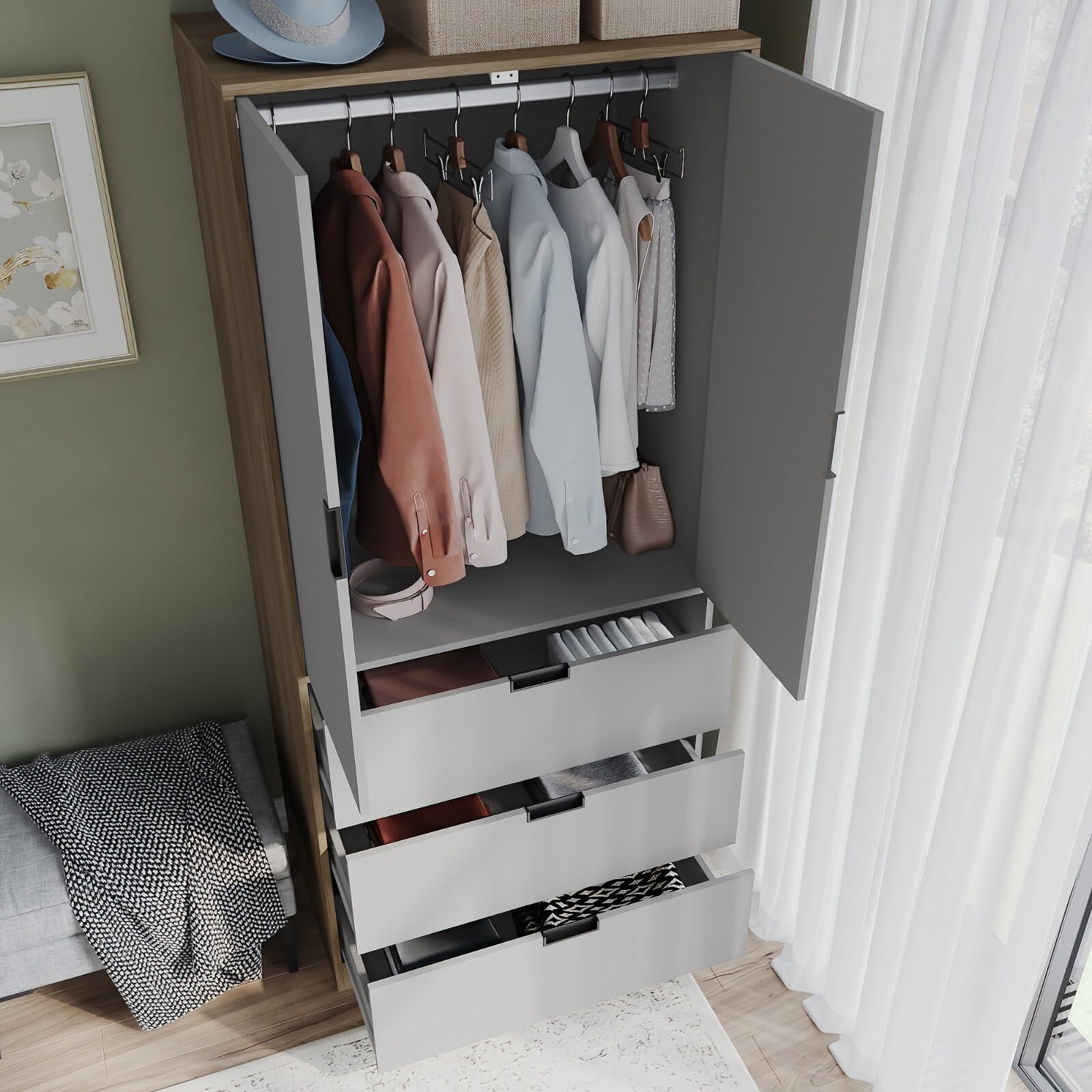 URBNLIVING Modern 2 Door Wardrobe with 3 Drawers & Hanging Rail, Stylish Freestanding Storage, Spacious Interior, Durable Chipboard Build, Easy to Assemble Bedroom Furniture - Image 4