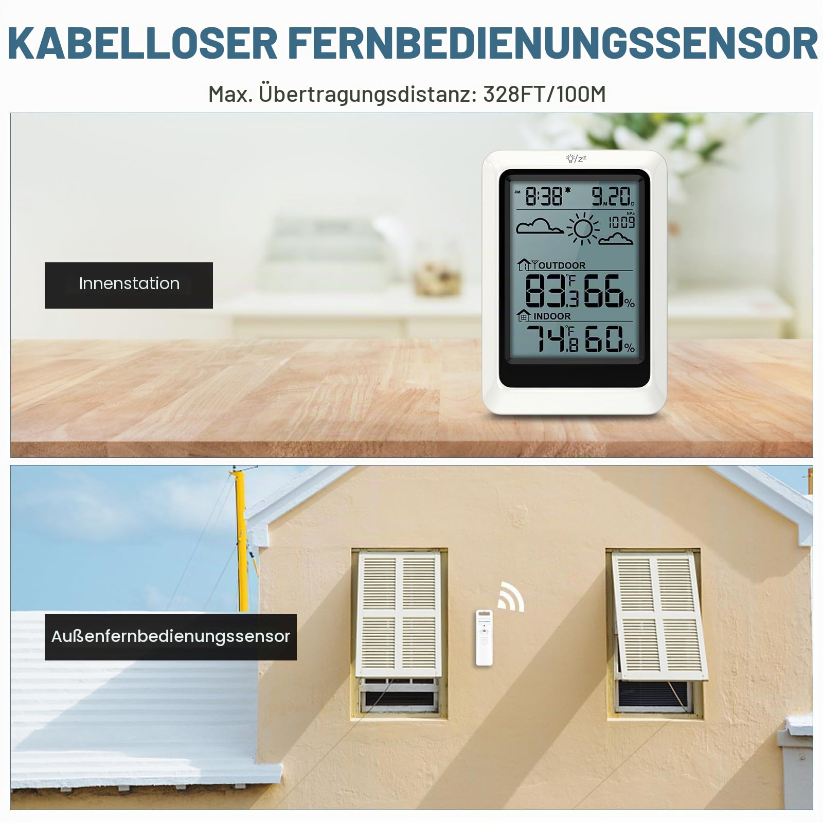 Wetterstation Funk mit Außensensor, Funkthermometer mit Wecker, Außen Innen Thermometer Hygrometer Raumthermometer Funk,Digital Raumthermometer