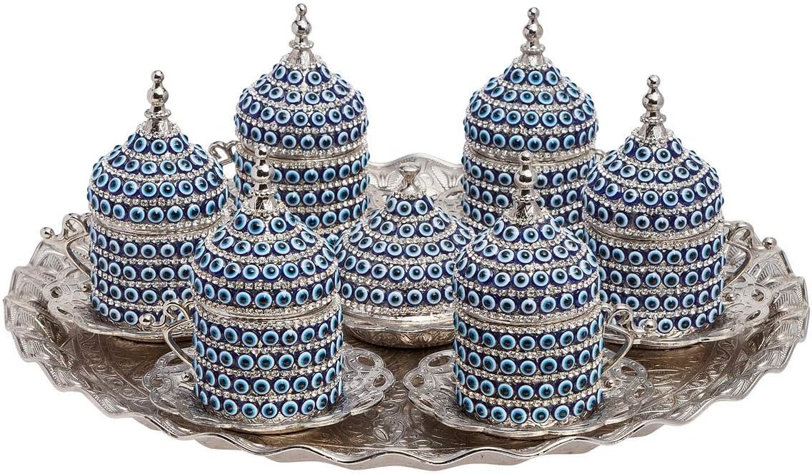 Turkish Coffee Espresso Crystal Cups Set (6 Cups set 27 Pc, 2 Cups set 11 Pc) with Saucer (Silver)