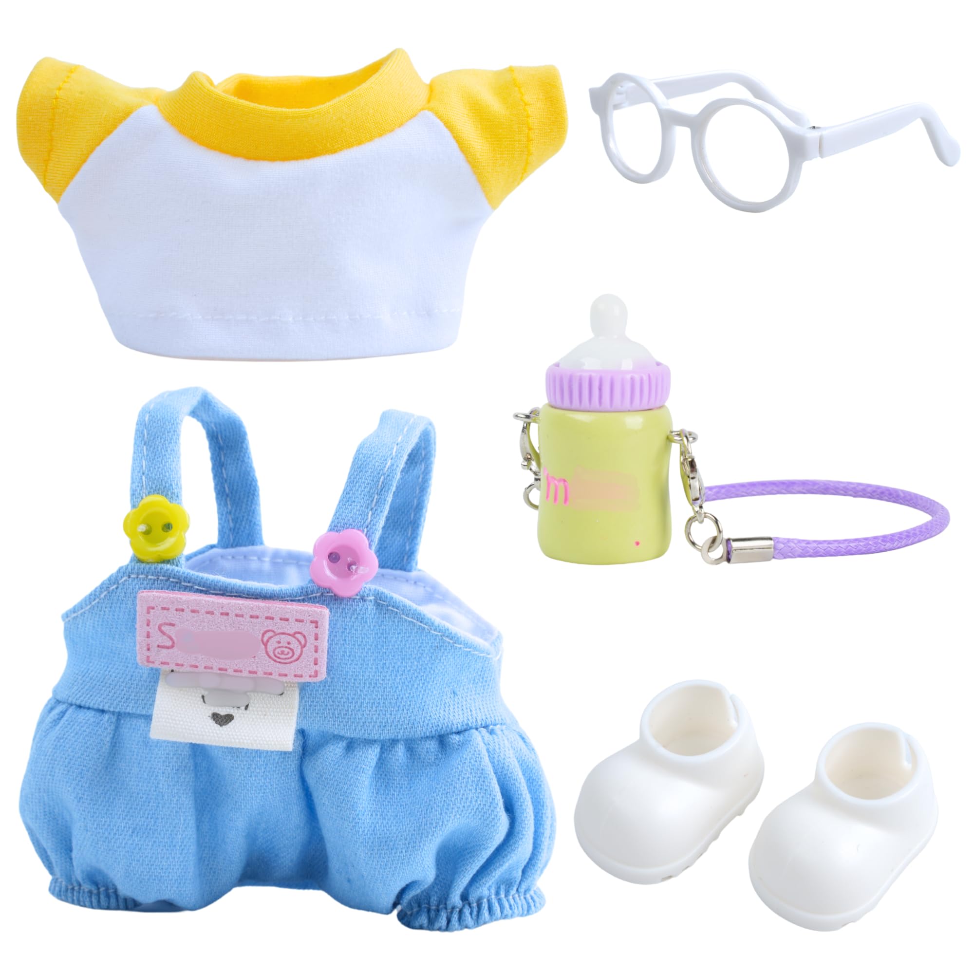 17 cm Doll Clothes for 5.9-6.69 inches (15-17 cm) Dolls, Dress up Style Unique 5-Piece Adorable Set, Including T-Shirt, Onesie, Shoes, Bottle, Glasses
