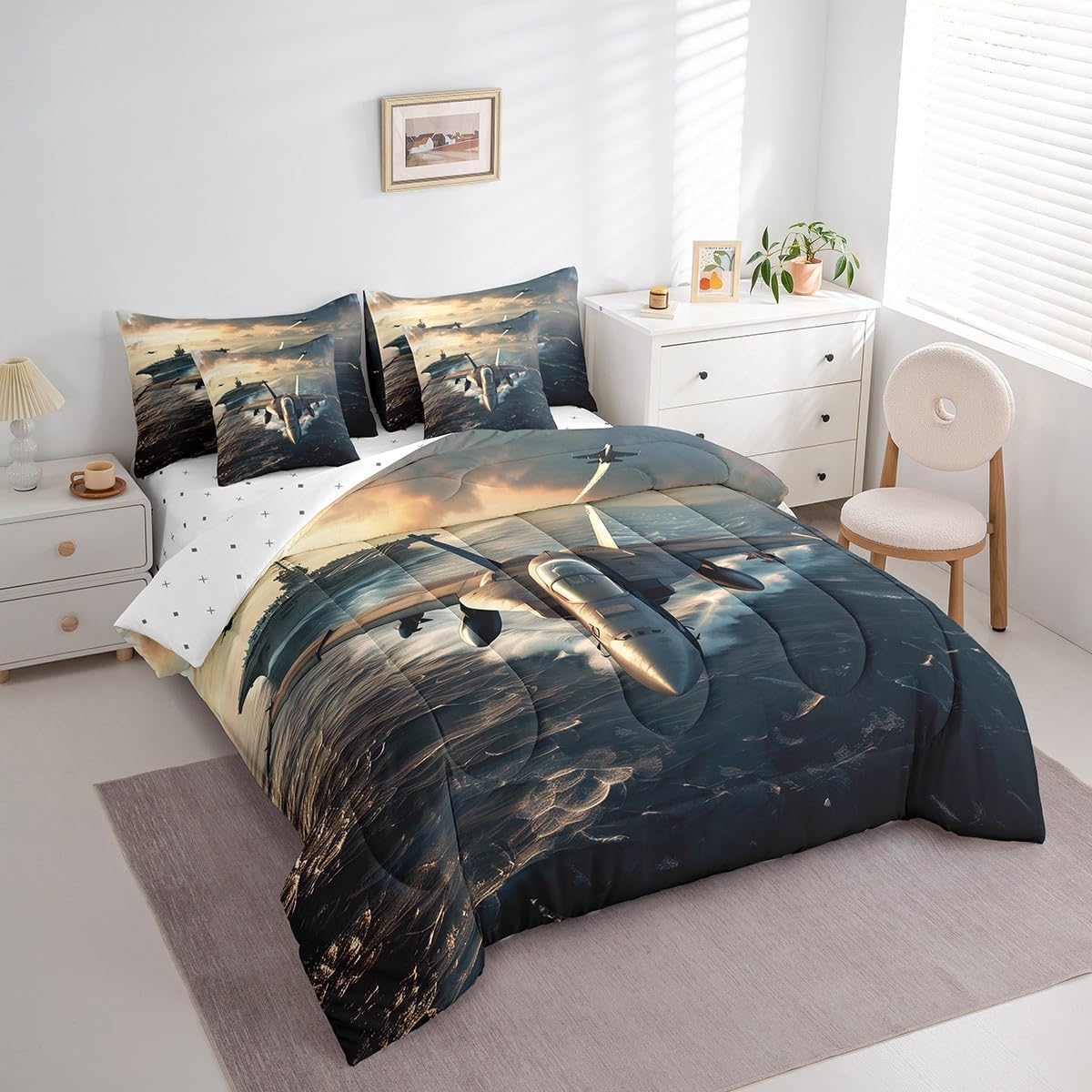 7 Pieces Queen Size Fighter Aricraft Comforter Set,Warplane Warship Aviation Airplane Fashion Bedding Set for Boys Men Sea Sunset (Comforter+Fitted+Flat Sheet+2 Pillowcases+2 Throw Pillow Covers)
