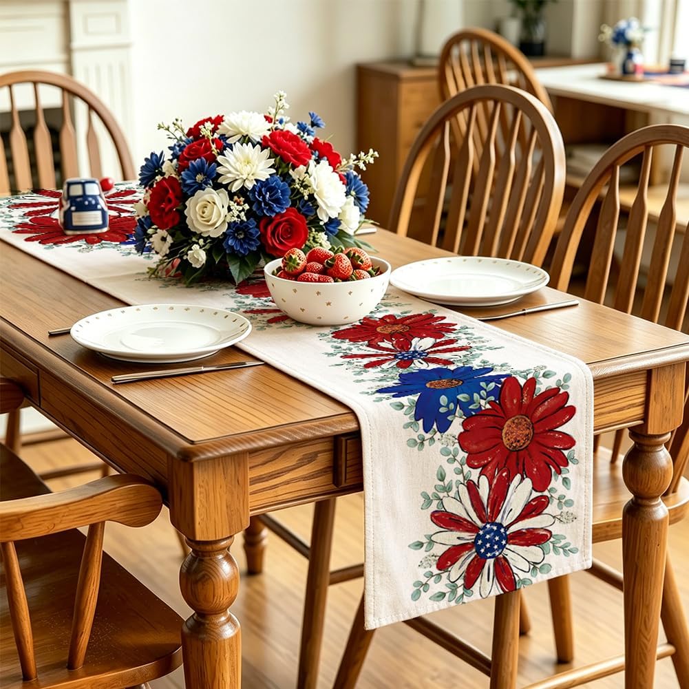 RABUSOFA Daisy Sunflower Eucalyptus Patriotic Table Runner,Memorial Day Kitchen Dining Table 4th of July Decorations for Home Party Decor 13x72 Inch