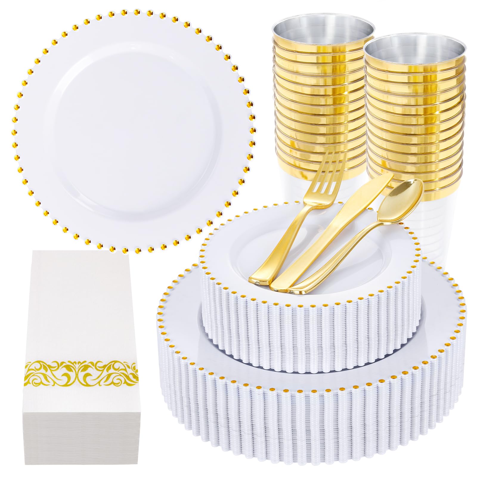 350 Pcs White & Gold Party Plates - Elegant Disposable Dinnerware -1