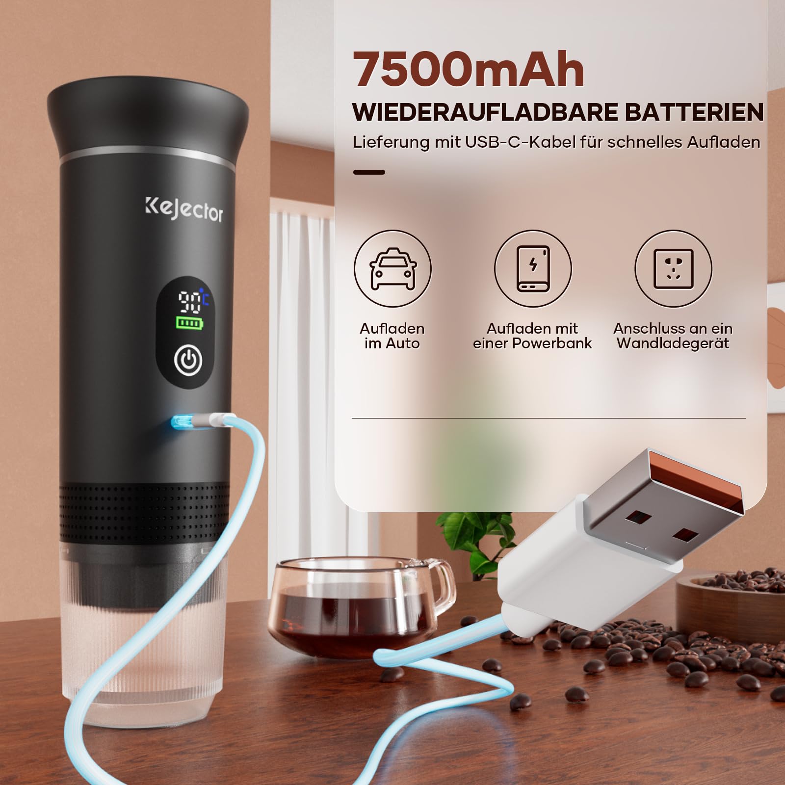 kejector Tragbare Espressomaschine mit Akku, 3-IN-1 für gemahlenem Kaffee und Kapsel, Digitalanzeige
