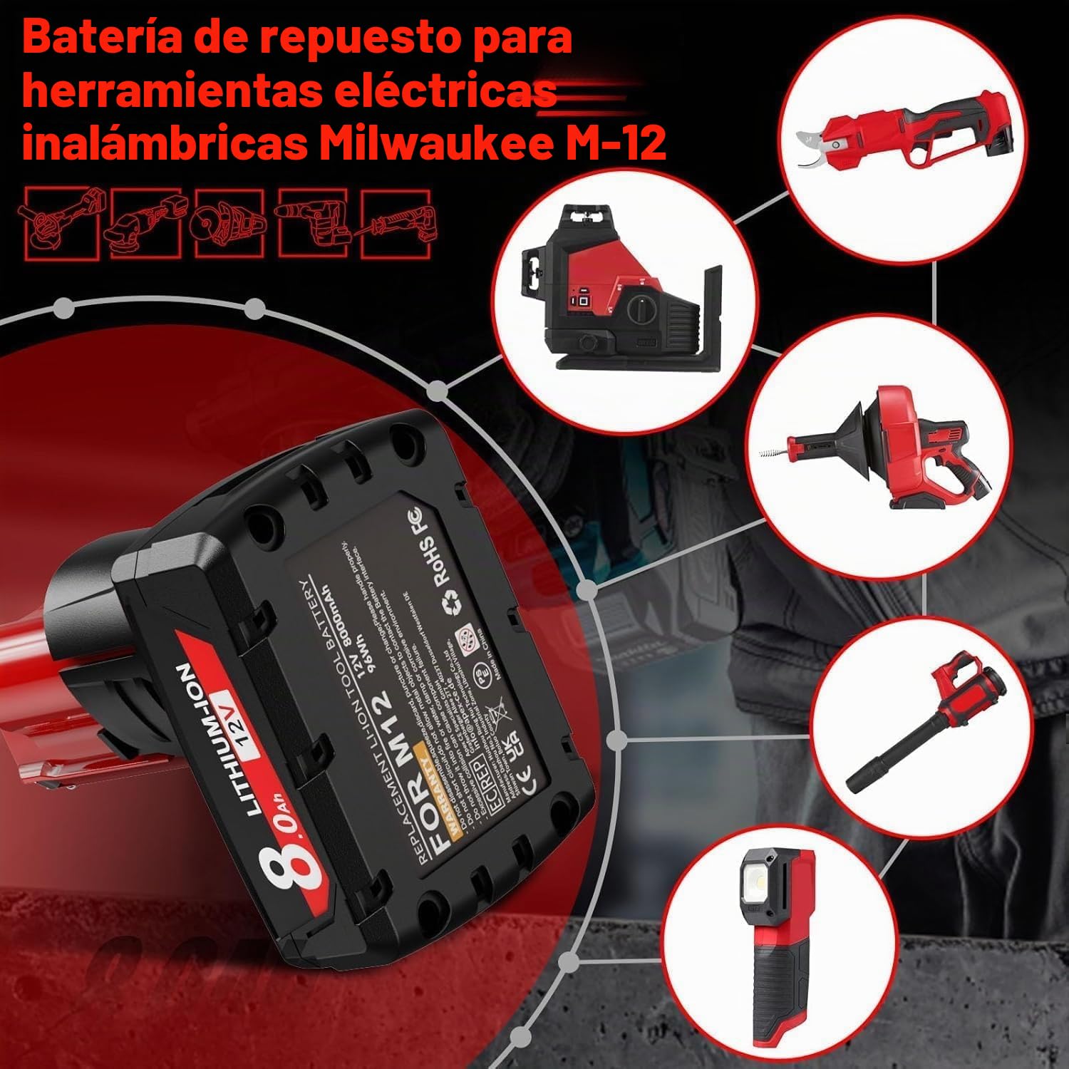 2X12V 8.0Ah Batería de Iones de Litio para Milwaukee M12 XC | 48-11-2411 48-11-2420 48-11-2401 48-11-2402 48-11-2401 Herramientas inalámbricas