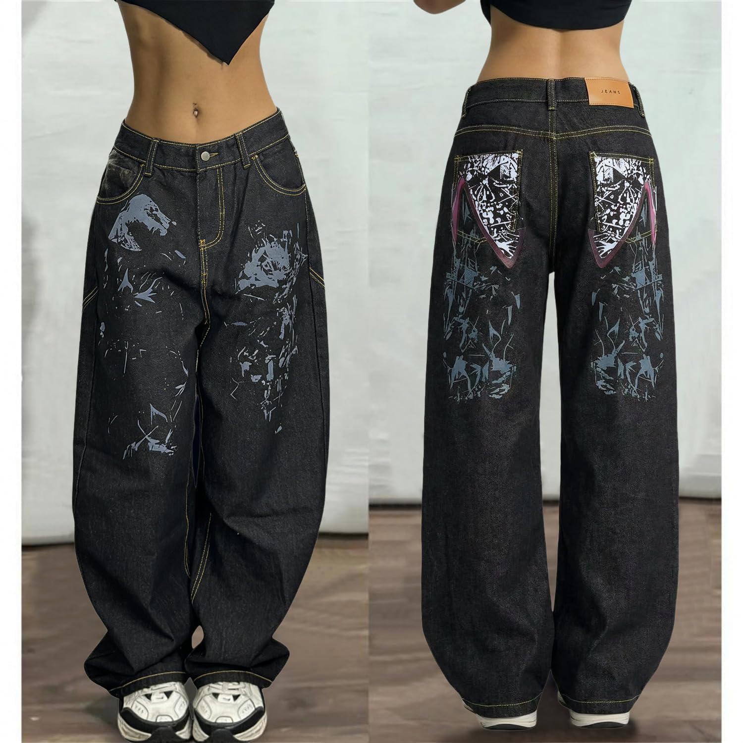 ORANDESIGNE Jeans Baggy Donna Harajuku Jean Lettera Stampa Denim Pantaloni Gamba Dritta Vintage Hip Hop E-Girl Streetwear