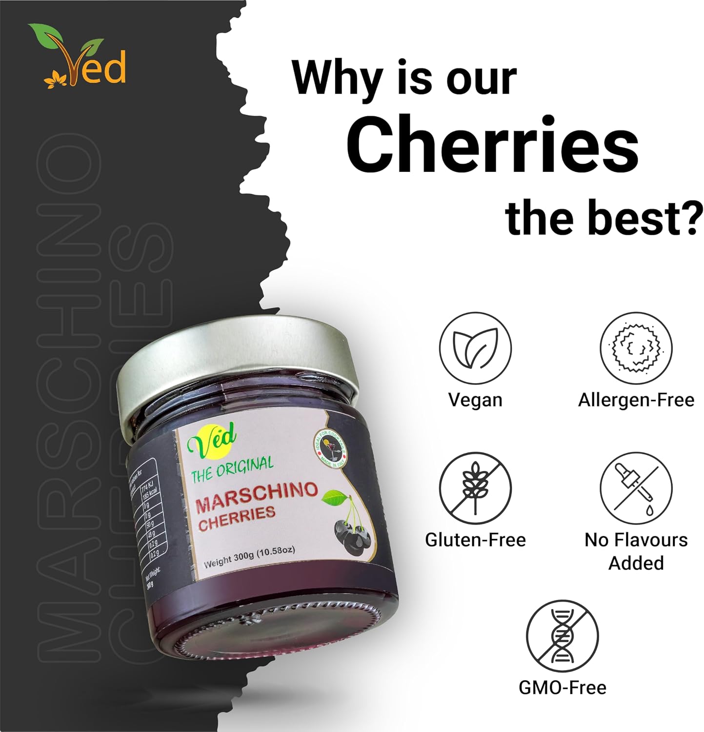 Ved Gourmet Cerezas al Maraschino Negras Originales - Cereza Italiana para Cócteles Antiguos - Cóctel Vegano, Cerezas Bourbon en Almíbar Natural para Guarnición de Cócteles, 300g - Imagen 2
