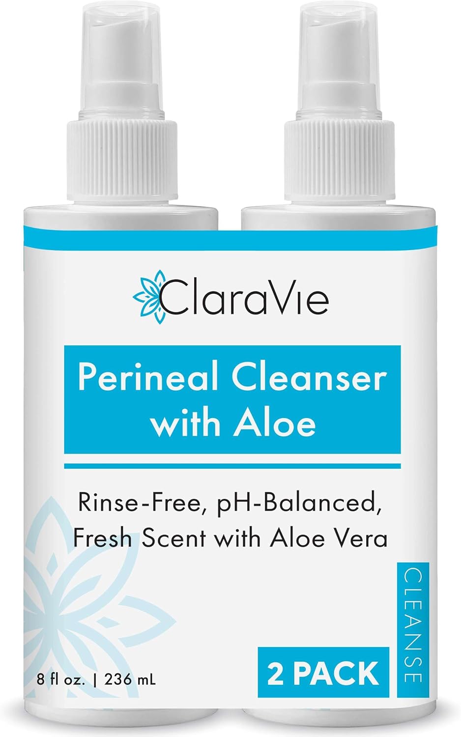 ClaraVie Perineal Cleanser with Aloe - 8 Fl Oz Perineal Spray for Postpartum and Incontinence - Deodorizing, Non Drying, pH Balanced, No Rinsing Required
