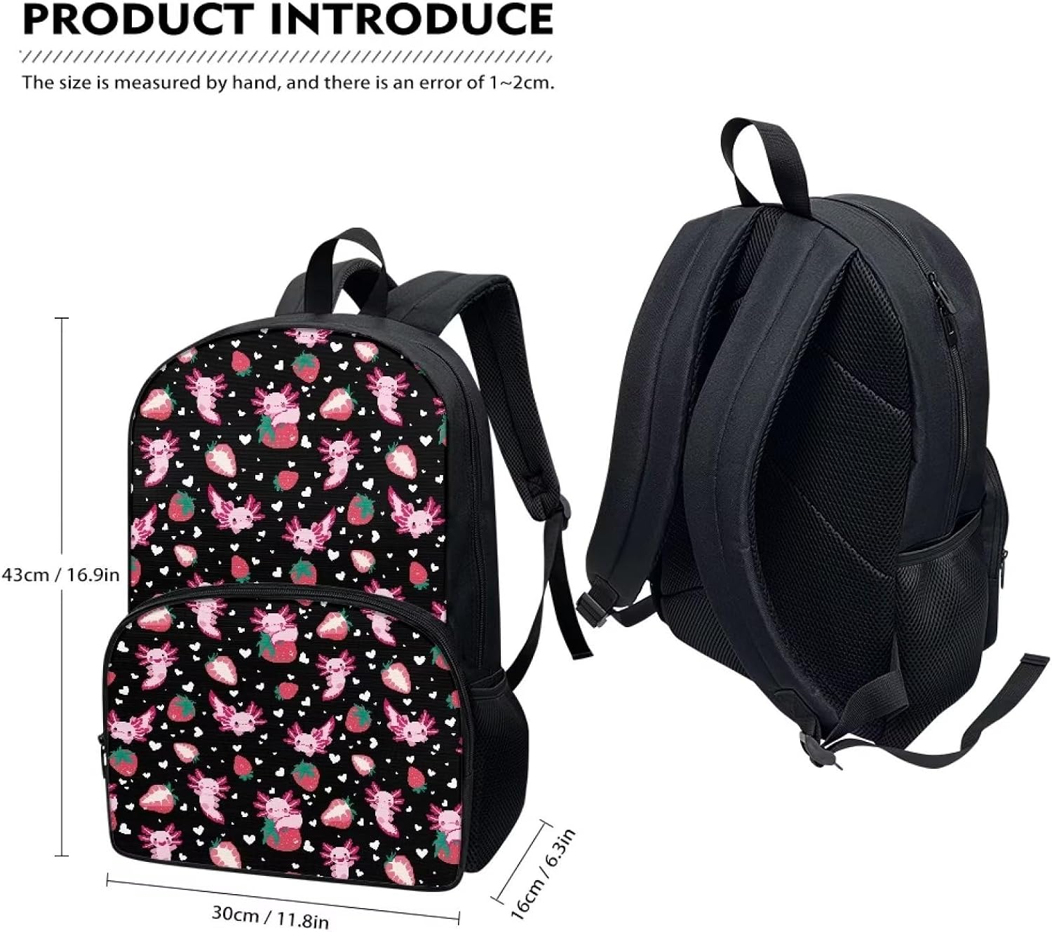 Cartoon Strawberry Axolotl Backpack for Girls Durable Sturdy Lightweight 17" Cute School Backpack Teen Girls Kids Black Bookbag Double Zipper Aesthetic Casual Daypack with Front Pocket
