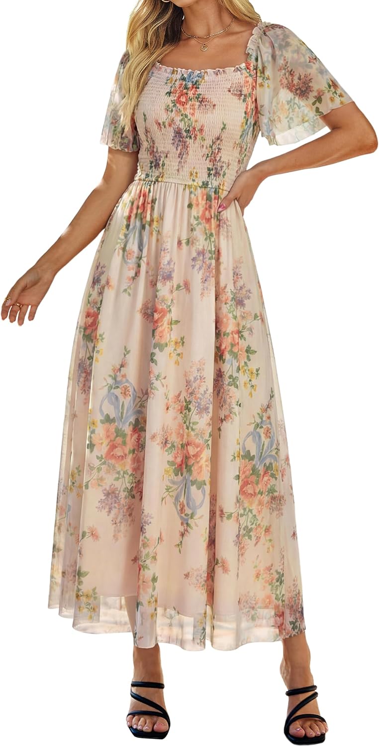 Simplee Womens Floral Maxi Dresses 2026 Spring Square Neck Mesh Short Sleeve Smocked Boho Flowy Wedding Guest Dress