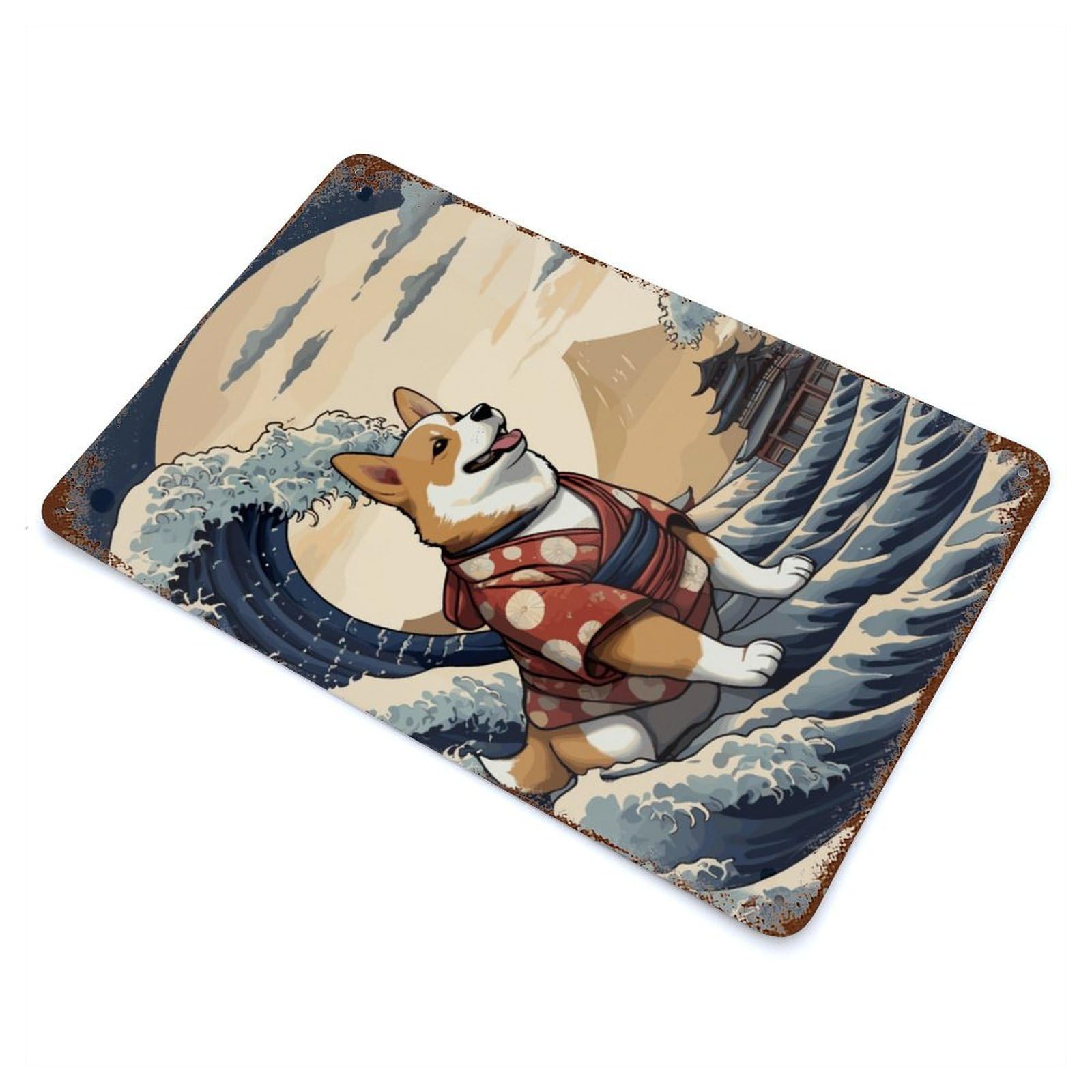 Corgi Wave Off Kanagawa Decorative Tin Sign 11.8"x7.9", for Farmhouse, Kitchen And Entryway Decor, Shabby Chic Decor
