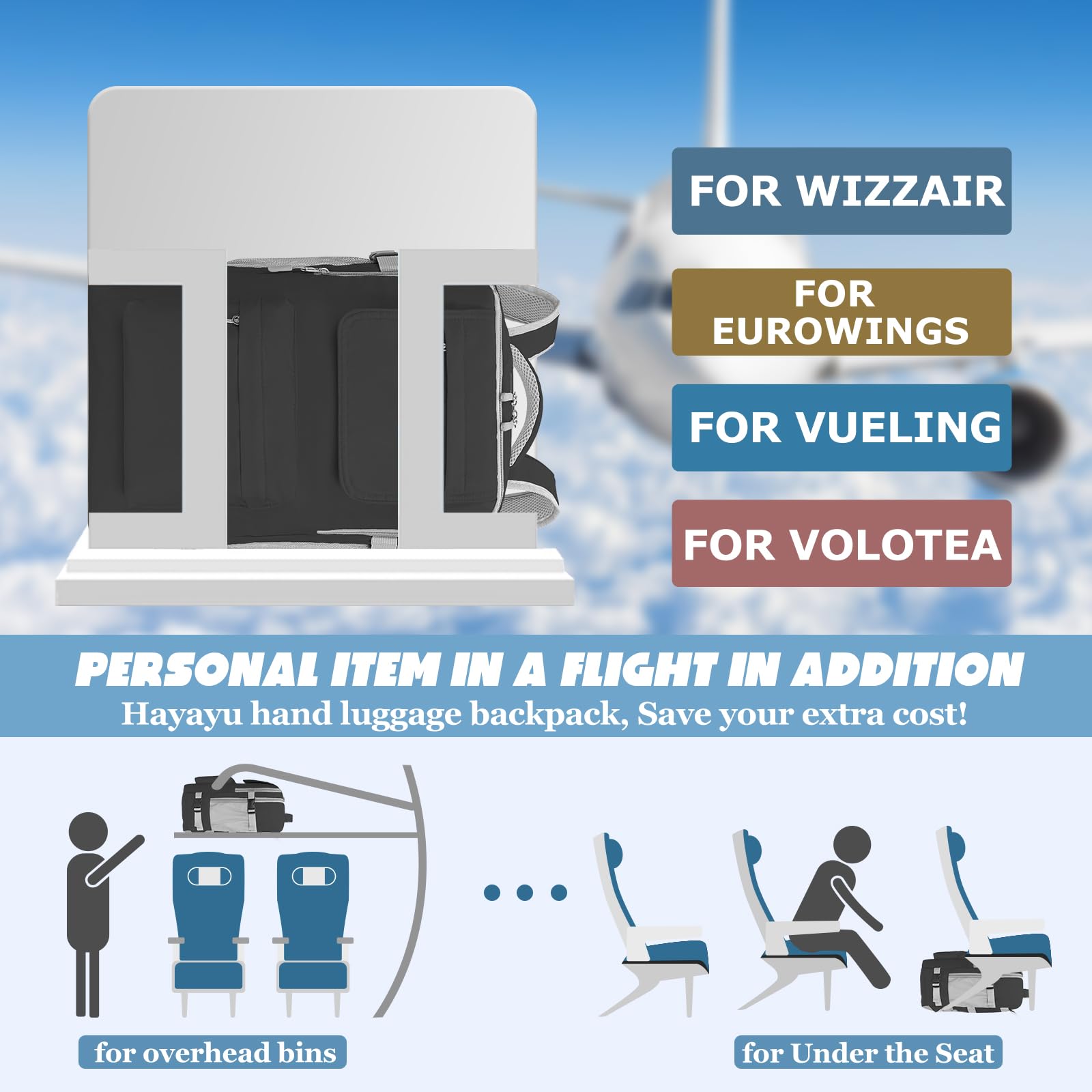 Hayayu Zaino per Ryanair 40x20x25 Zaino Da Viaggio 20L Bagaglio a Mano per Wizzair 40x30x20 Zaino Donna Uomo Piccolo Con Scomparti Multipli Borse Da Cabina per Laptop Da 14 Pollici