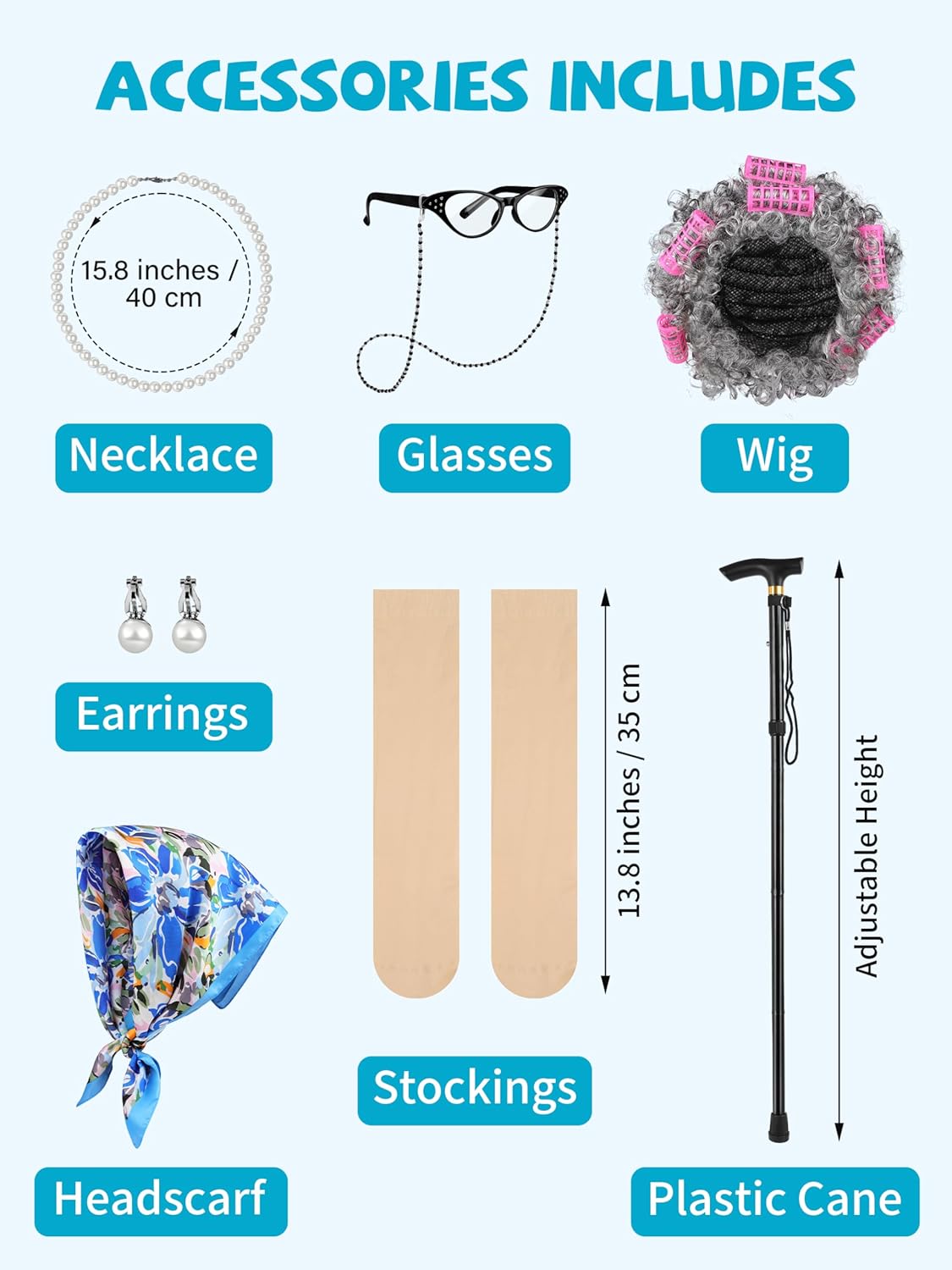SOMSOC 7 Pieces Women Old Lady Costume with Dress Wig Headscarf Glasses Stockings Cane for Halloween, 100 Days of School - Image 2