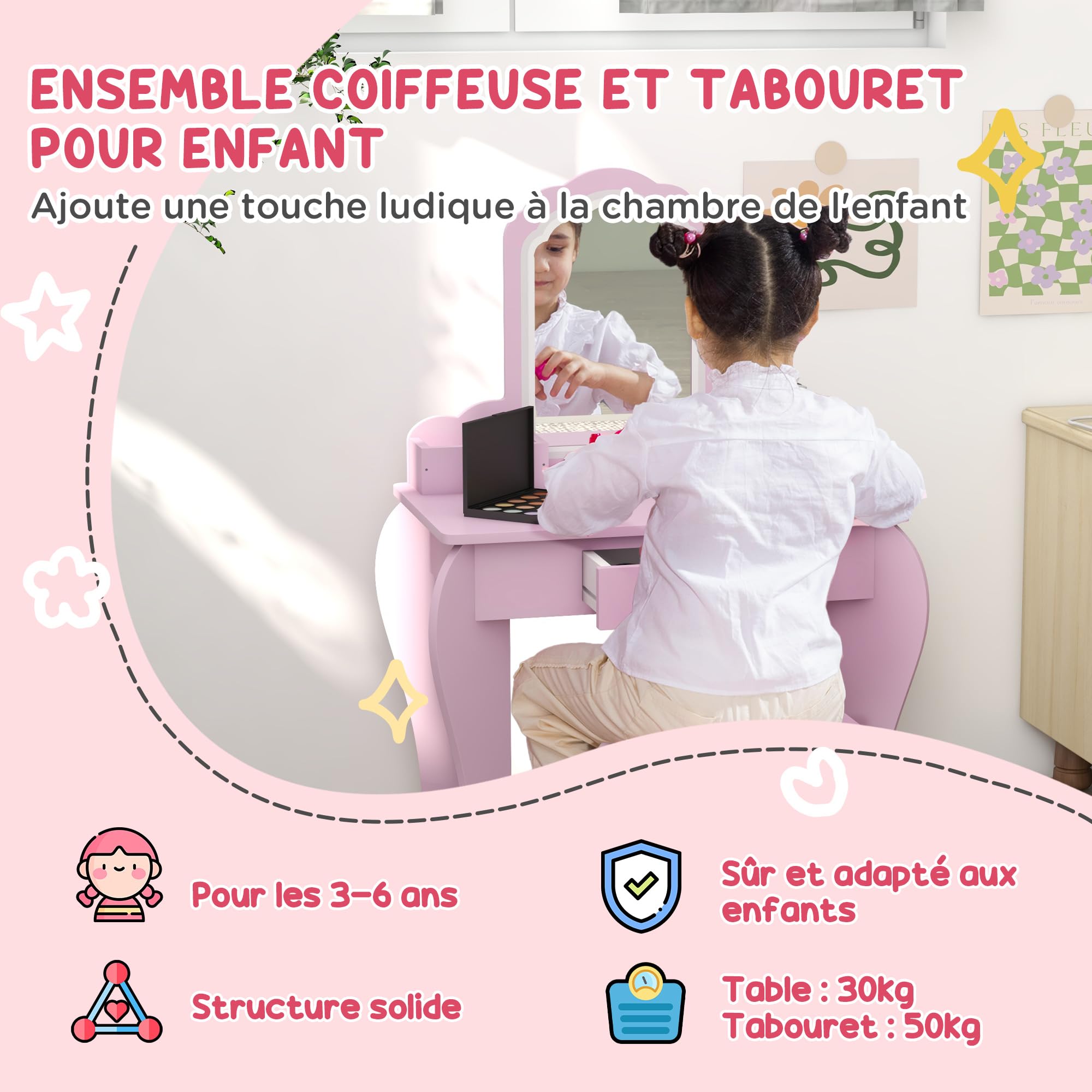 ZONEKIZ Coiffeuse pour Enfant avec Tabouret et Miroir, Petite Table de Maquillage avec tiroir et 2 Compartiments Ouverts, pour Fille de 3-6 Ans, Rose