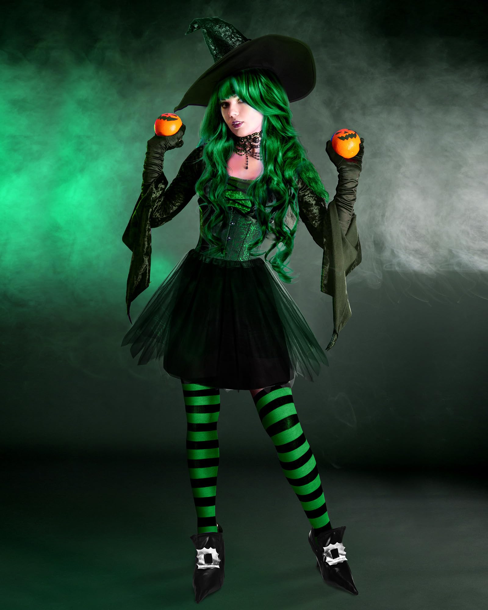 Panitay Halloween Witch Cosplay Costume for Women Witch Hat Tutu Skirt Striped Tights Curly Wig Shoe Covers(Black, Green)