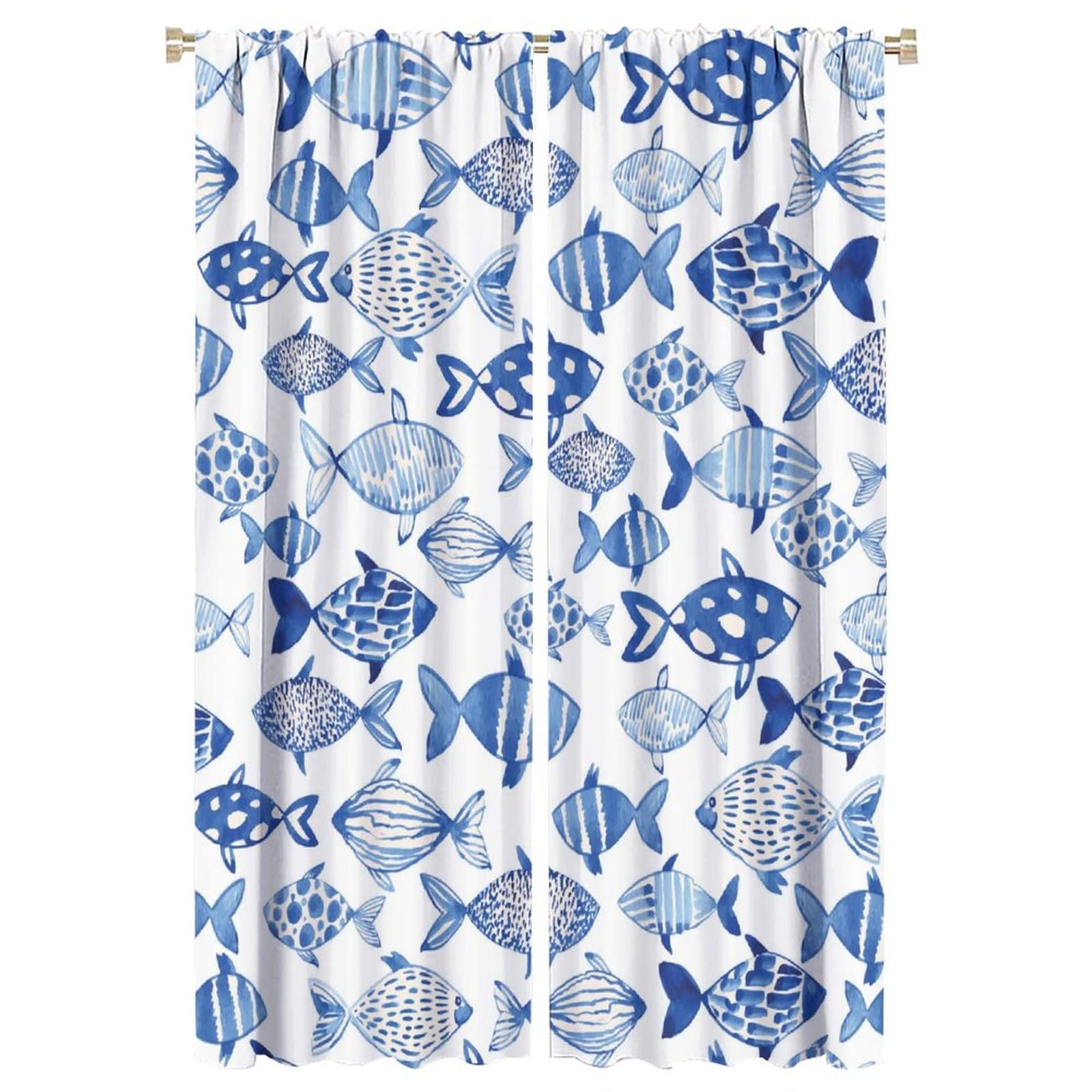INSFBRB Boho Nautical Fish Blackout Curtains,Abstract Retro Sea Animal Fish Theme Window Treatments Rod Pocket Thermal Insulated Room Darkening