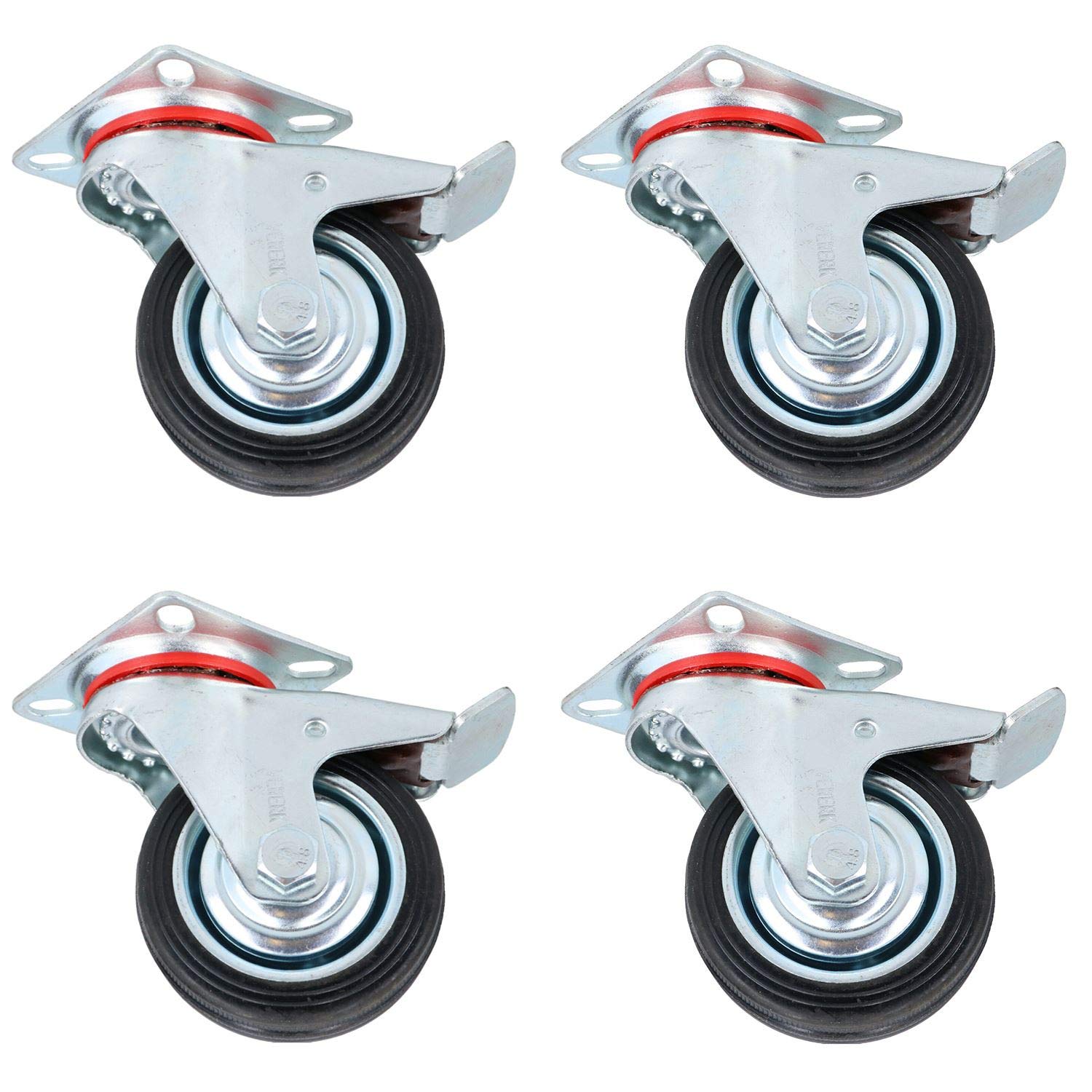 3" / 75mm Rubber Swivel Trolley Castor Wheel with Brake for Furniture 4 Pack