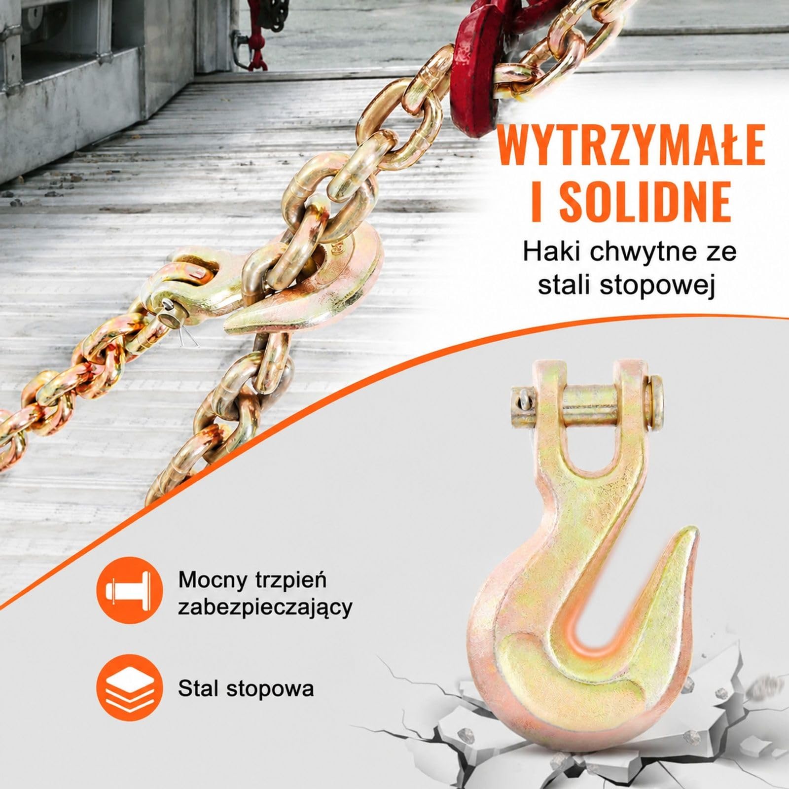 Łańcuch transportowy z hakami chwytającymi, stal manganowa, ocynkowana i malowana powierzchnia, do załadunku, holowania, wiązania oraz leśnictwa