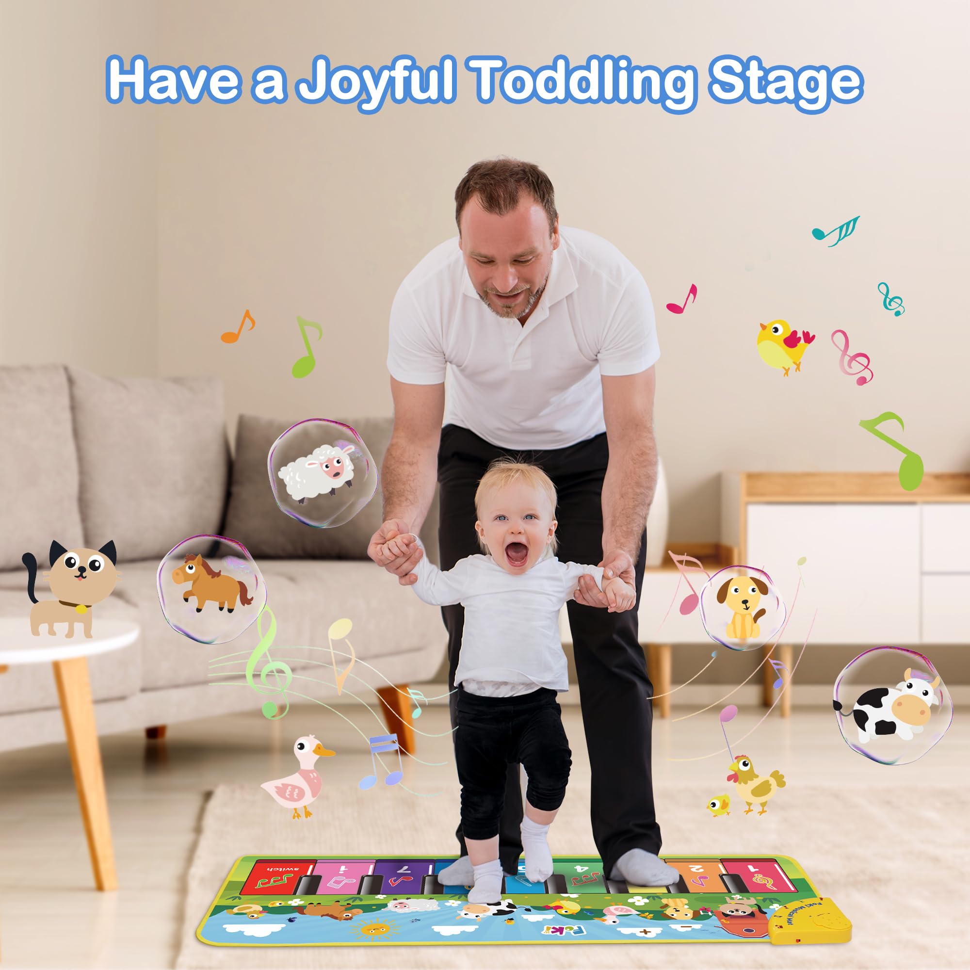 FOKI Floor Piano Mat for Toddlers, Baby Kid Sensory Educational Dancing Keyboard Carpet Animal Sounds Blanket Touch Playmat Musical Mats Birthday Toddler Toys for 1 2 3 4 5 Year Old Boy Girl Gifts