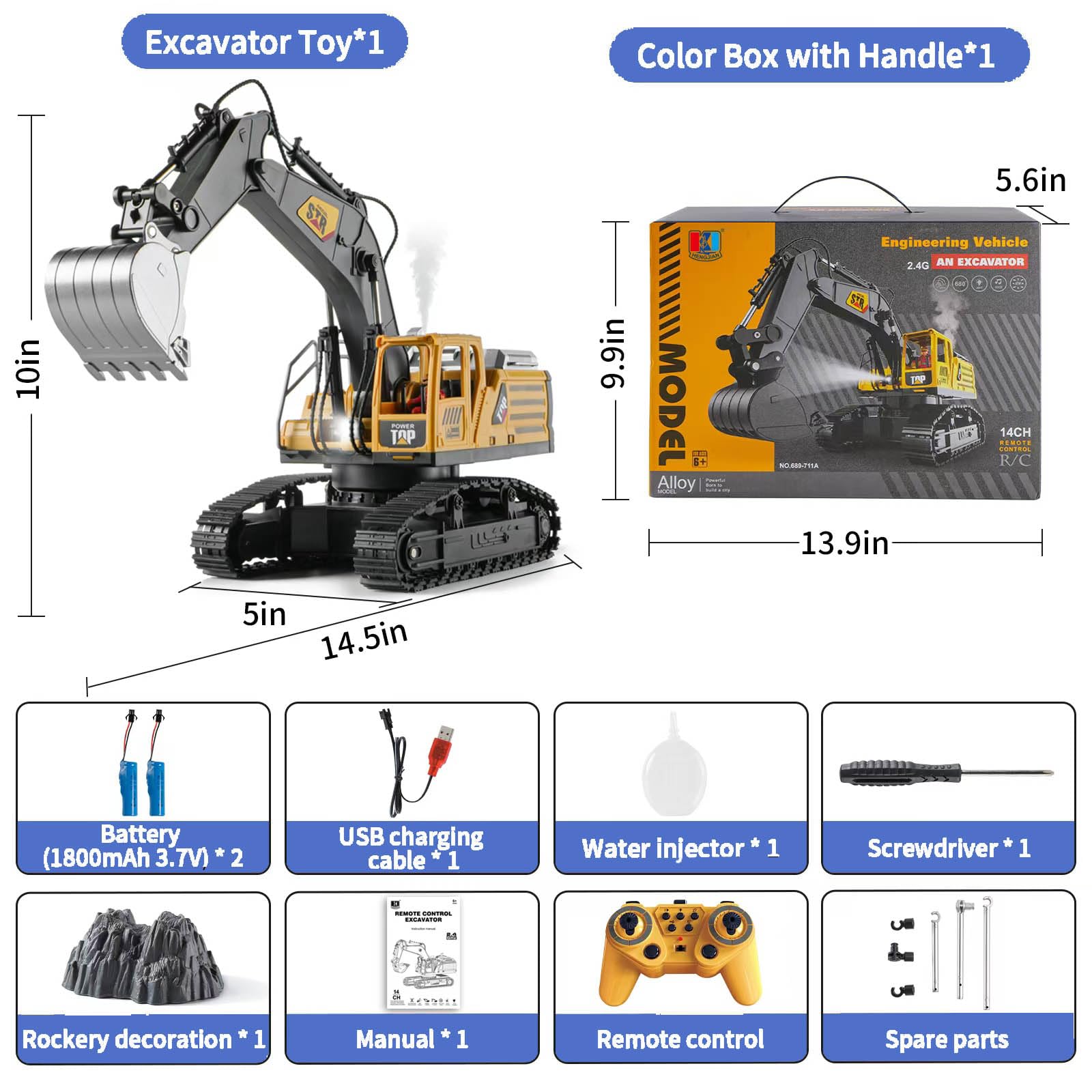 Escavatore RC LTFIOON 3-in-1 Per Bambini - Con Benna, Artiglio E Trivella, Telecomando 2.4GHz, Luci LED, 2 Batterie