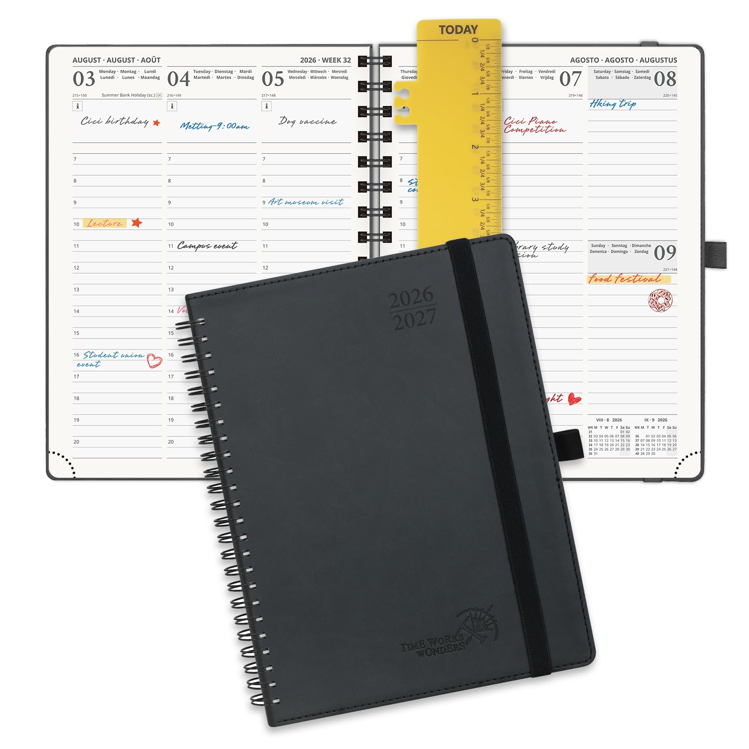 POPRUN A5 Academic Diary 2026-2027 Week to View (22x16.5 cm) Soft Cover Spiral 17 Months (Aug'26 - Dec'27) Mid Year 26/27 Vertical Weekly Planner(Black)