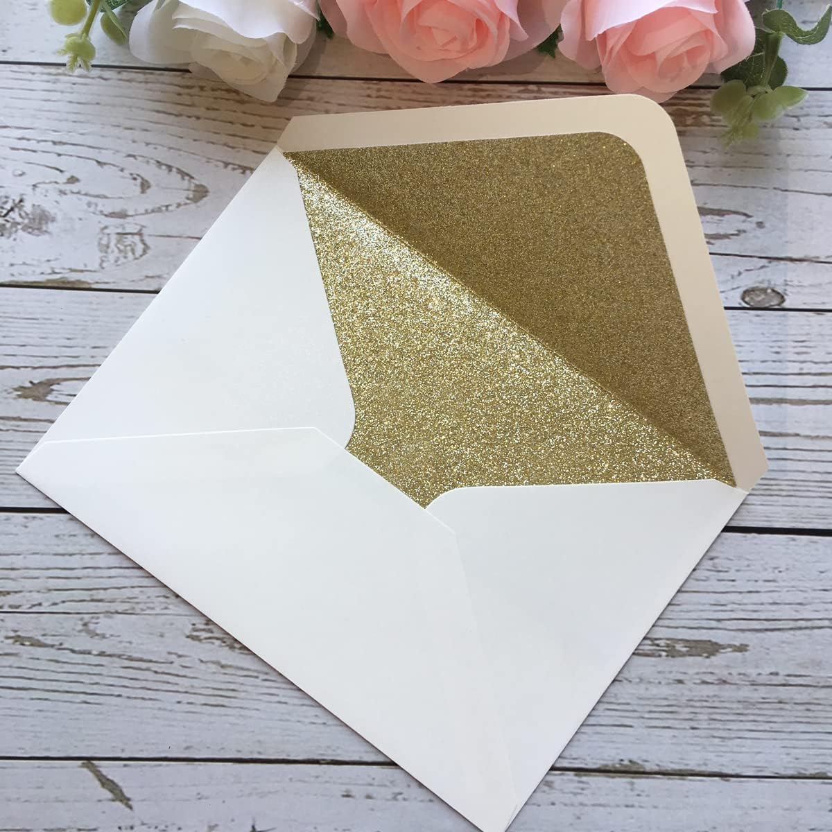 50PCS A7 Glitter Envelopes with Adhesive Self-Sealing, 5.3 x 7.7 inches Pearlescent Envelopes Perfect for 5'' x 7'' Weddings Invitation (Pearl Ivory + Champagne Gold Glitter Liner)
