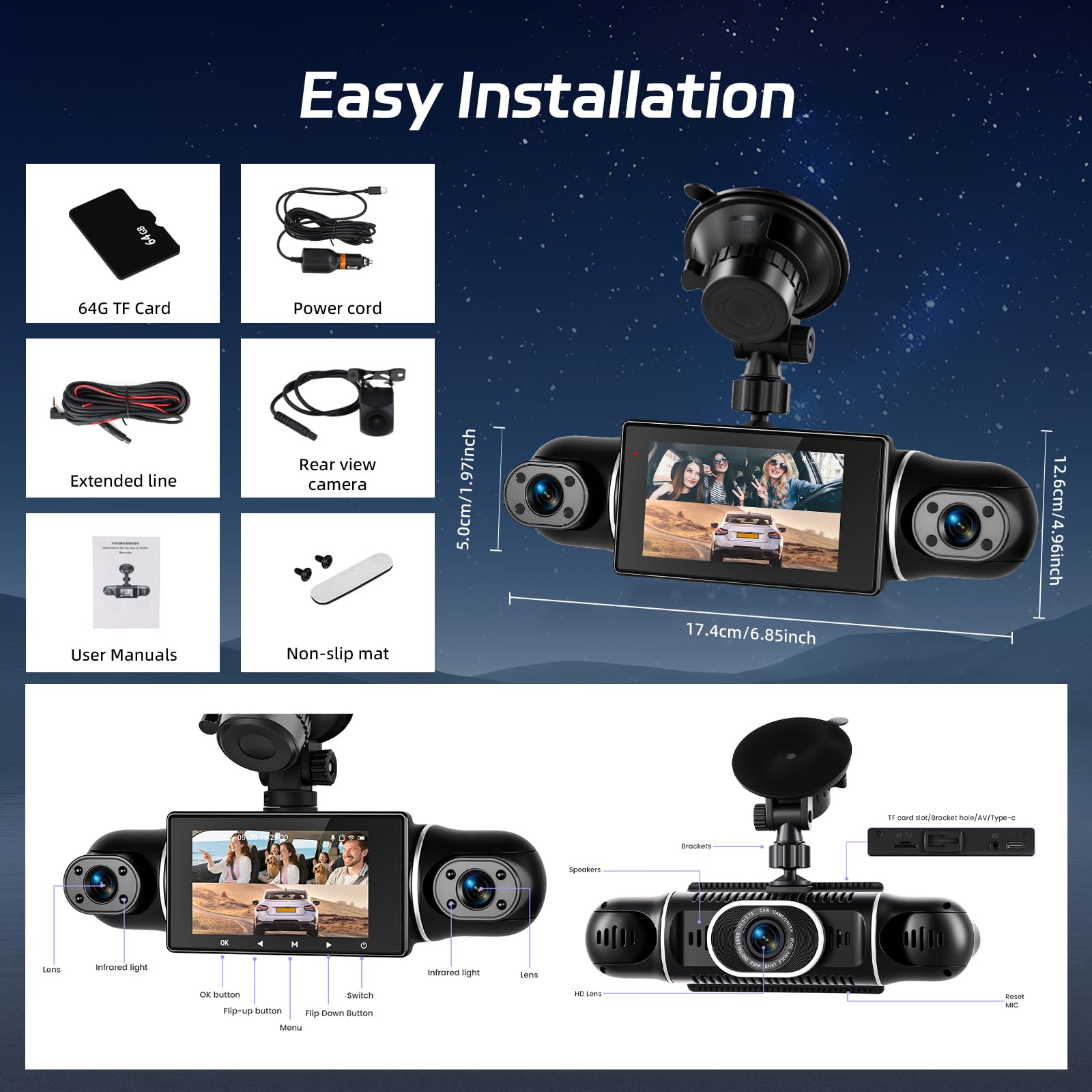 NHOPEEW Cámara para salpicadero 2K 360° de 4 Canales: cámara para Coche con Pantalla IPS de 3 Pulgadas, Sensor G, aplicación WiFi, visión Nocturna y Tarjeta de 64 GB