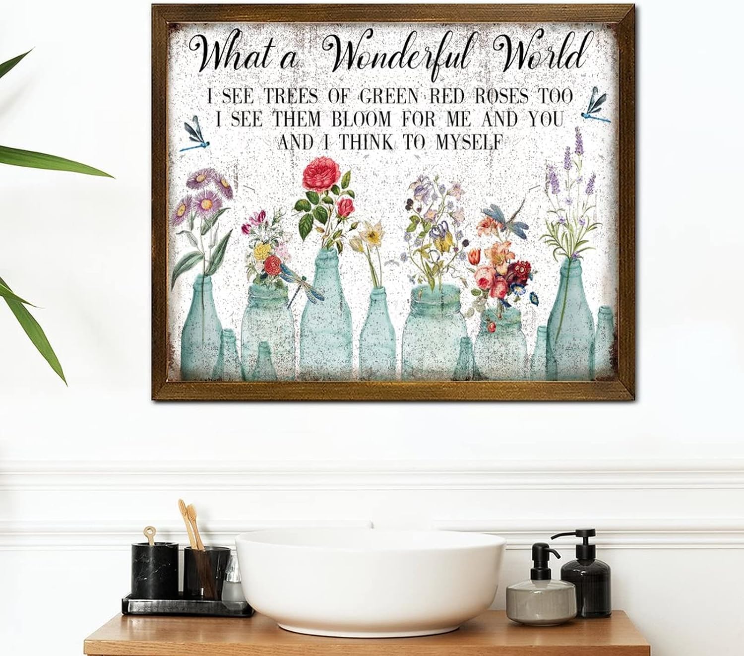 What A Wonderful World Framed Wooden Signs Vintage Dragonfly Tulip Rose Flower Vase Wood Wall Art Farmhouse Nature Plants Hanging Wall Signs Decoration for Home Indoor Garden 16x20 Inch