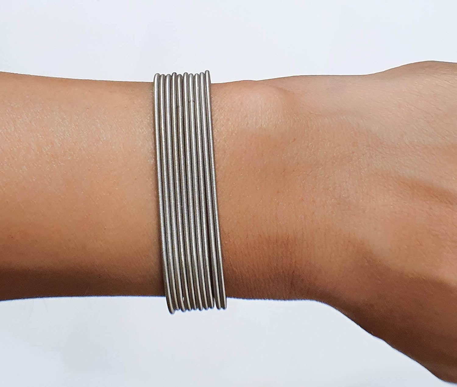 Set of 10 Guitar String Spring Bracelets Silver Stainless Steel Stackable Layered Thin