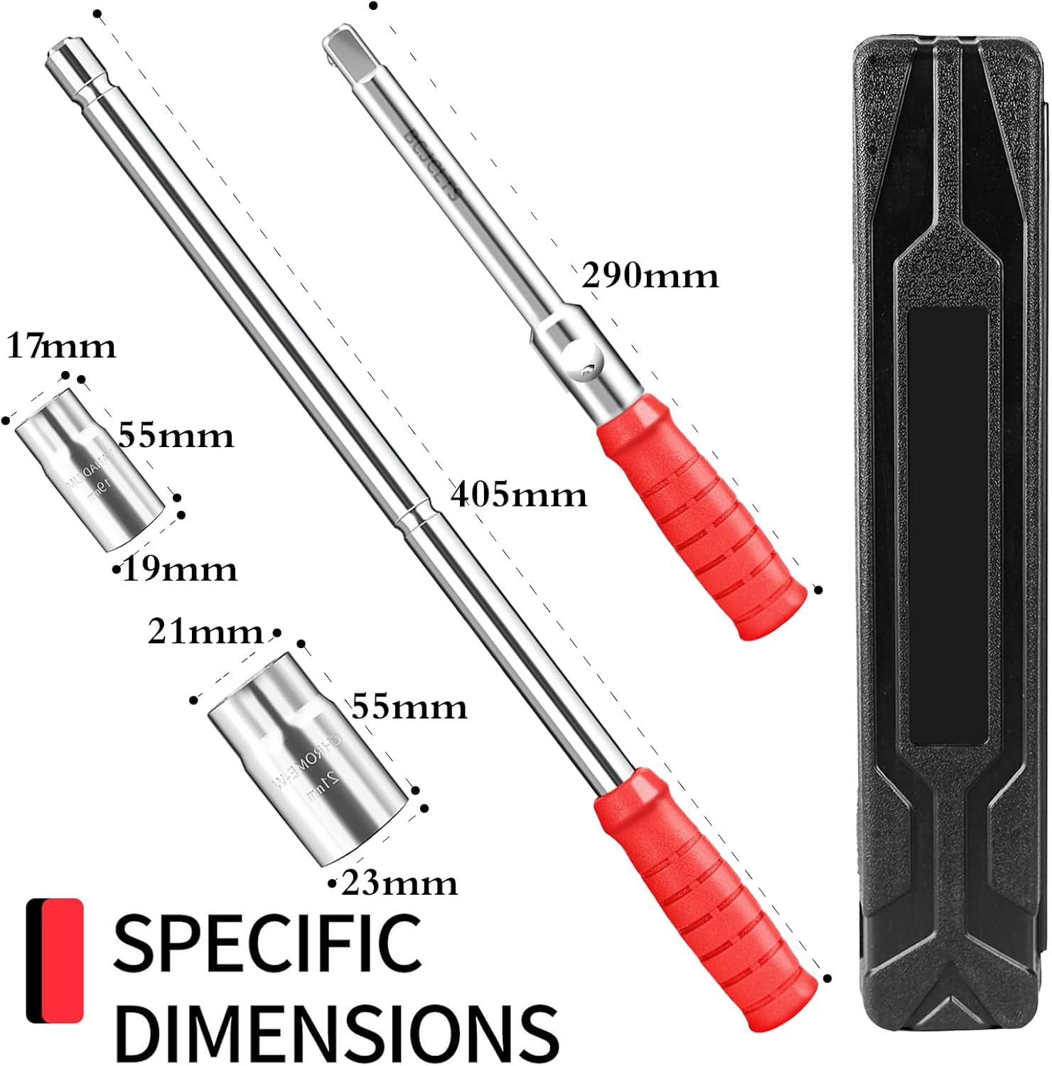 Lug Wrench, Tire Wrench With 1/2-Inch Drive and 2PCS Standard Sockets (17 mm/19 mm, 21 mm/23 mm), Detachable Rapid Cross Lug Nut Wrench