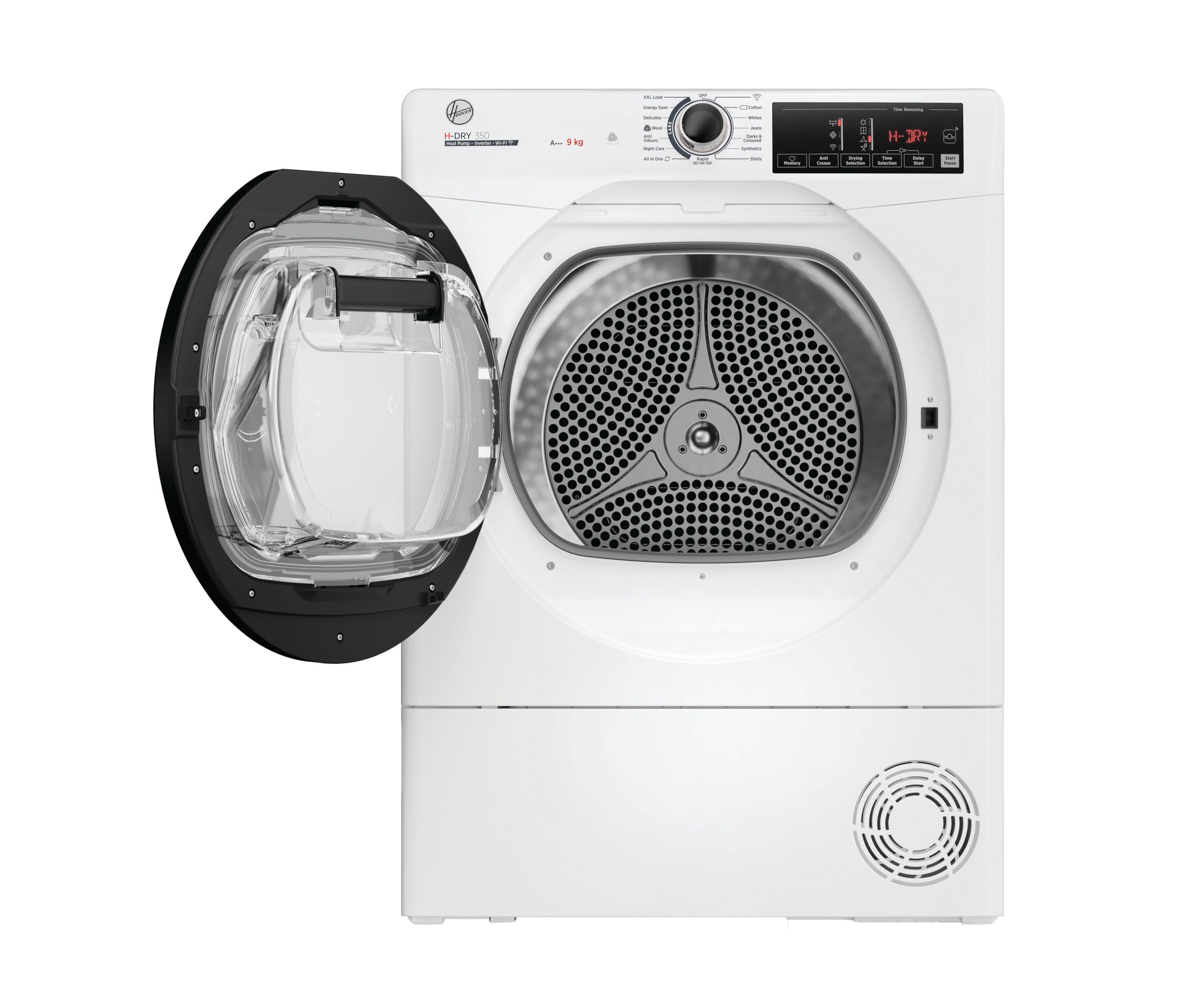 Hoover H-DRY 350 Freestanding Heat Pump Inverter Tumble Dryer, 9 Kg, Class A+++, Wi-Fi & Bluetooth, Four Drying Levels, Aquavision & Advanced Care, White, 59.6x60.4x85 cm - HRE H9A3TBE-80/N — view 2