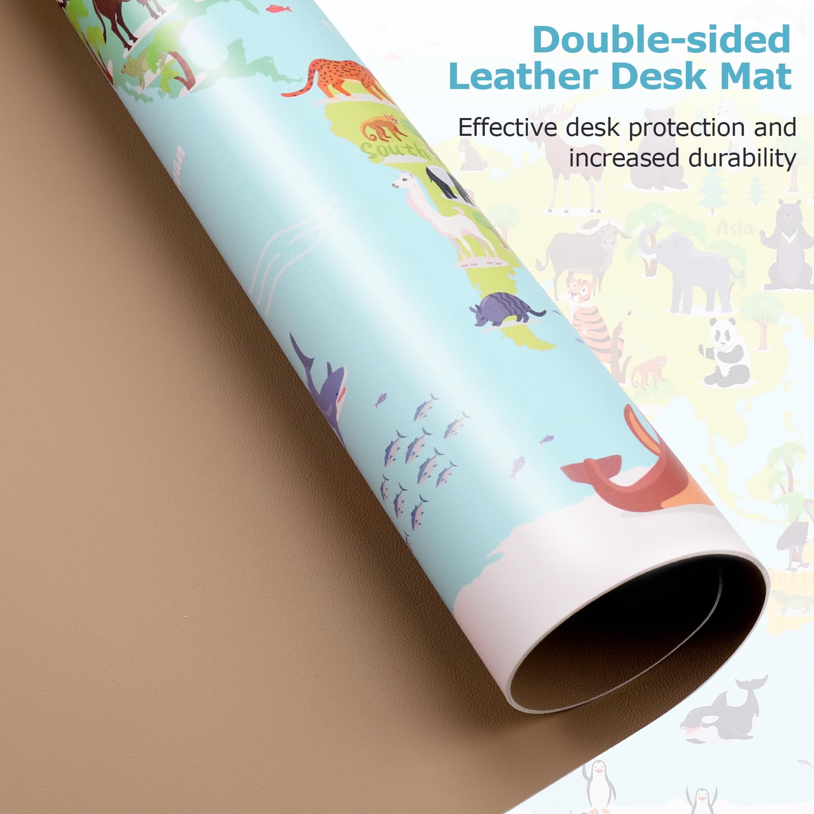 Sous-mains cuir PU Grand Tapis de souris Carte animée continents océans 60 x 40 cm