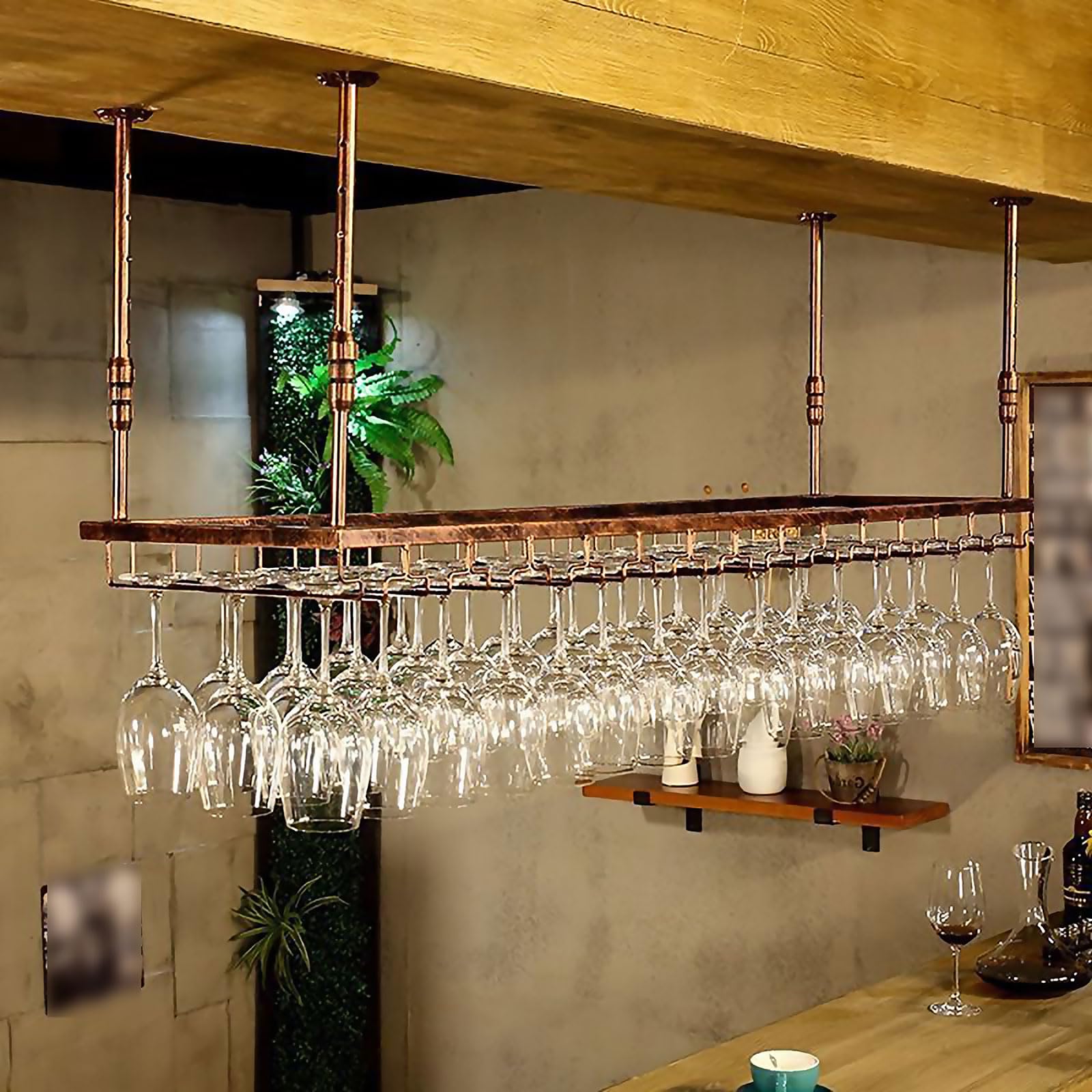 Dernoing Soporte para Copa de Vino Colgante de Metal, Altura Ajustable Colgador de Copas de Techo para Bar, Colgador Copas con Invertido Tallo para Barra Bar/Club (BN, 90x35cm)