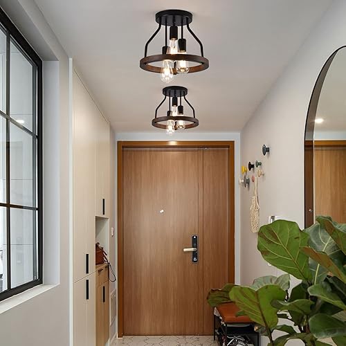 Miniatura 5 de Lámpara de techo empotrada de 3 luces, marco de madera + pantalla de metal negro, lámpara de techo rústica para cocina, comedor, pasillo,